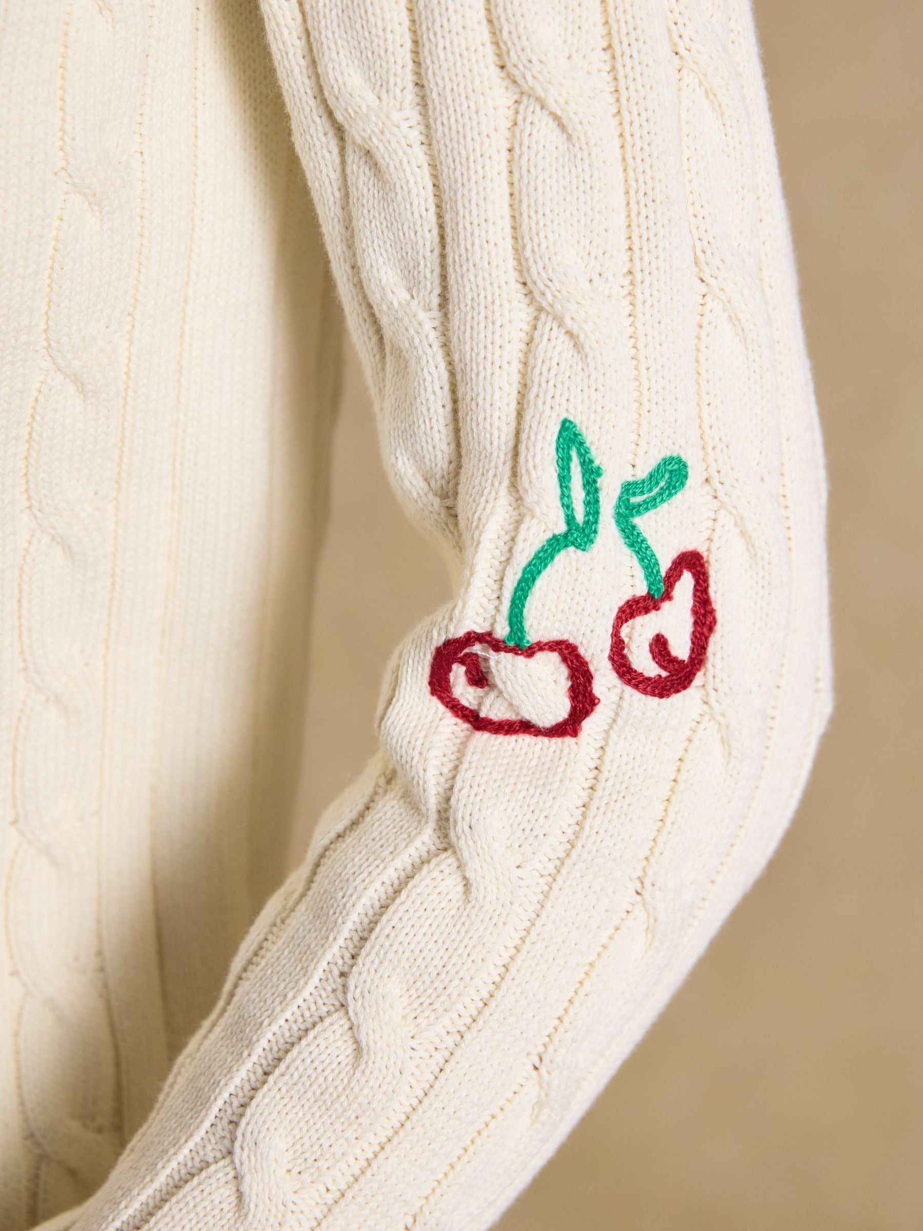 Cream Embroidered Classic Crew Neck Cotton Cable Knit Jumper
