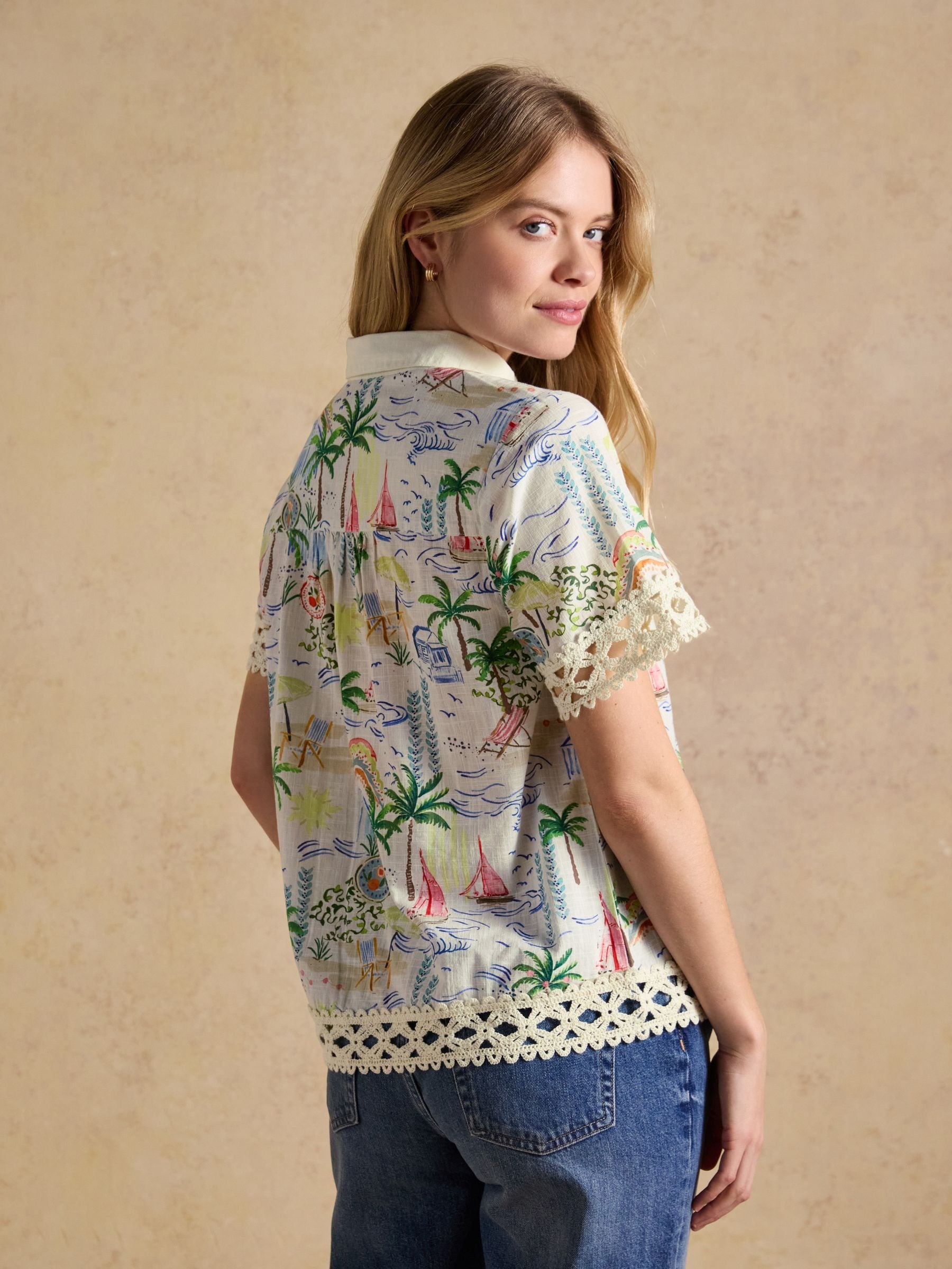 Isobel Coastal Scene Print Crochet Trim Shirt