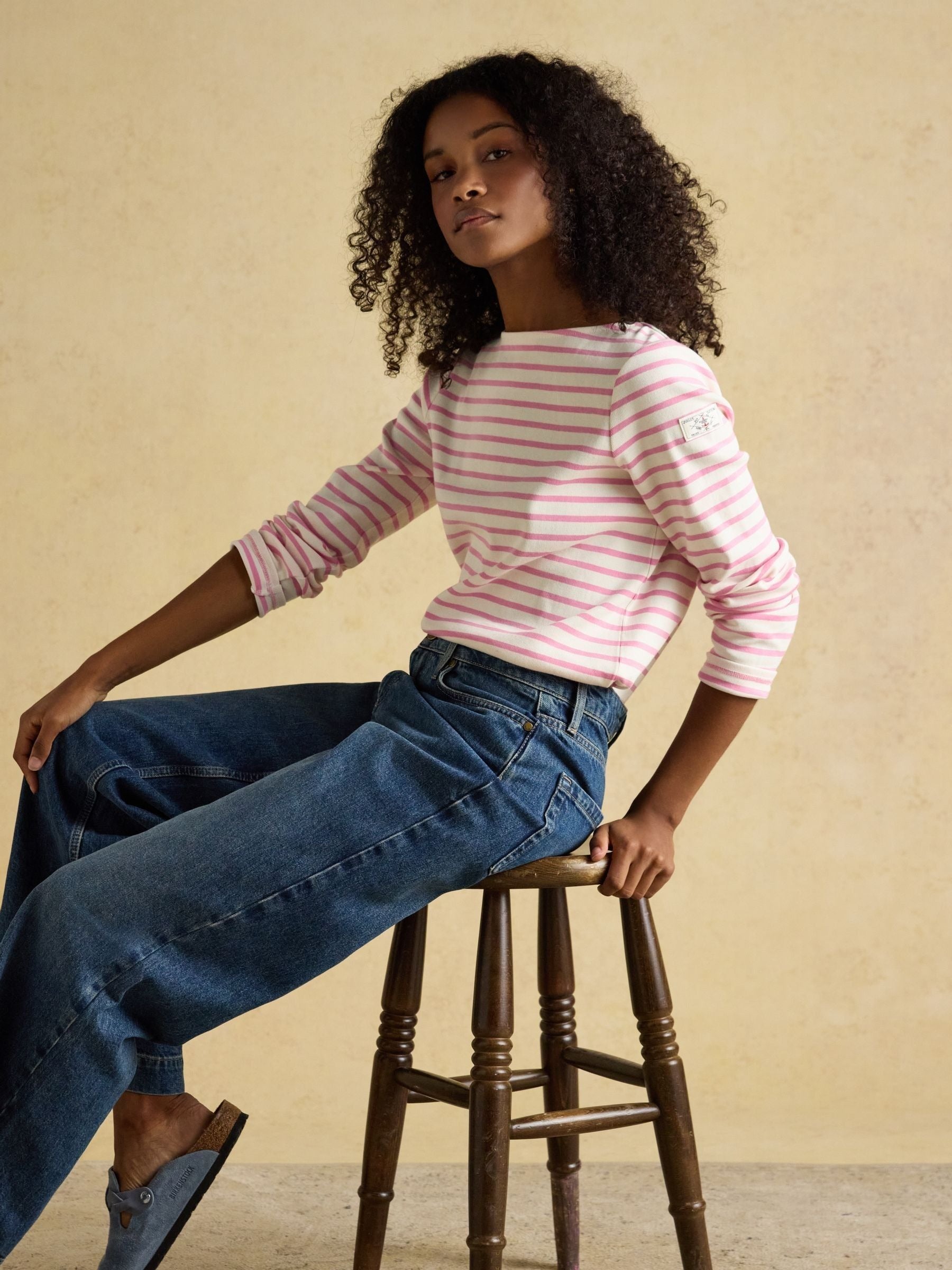 Harbour Cream & Pink Long Sleeve Striped Boat Neck Long Sleeve Breton Top