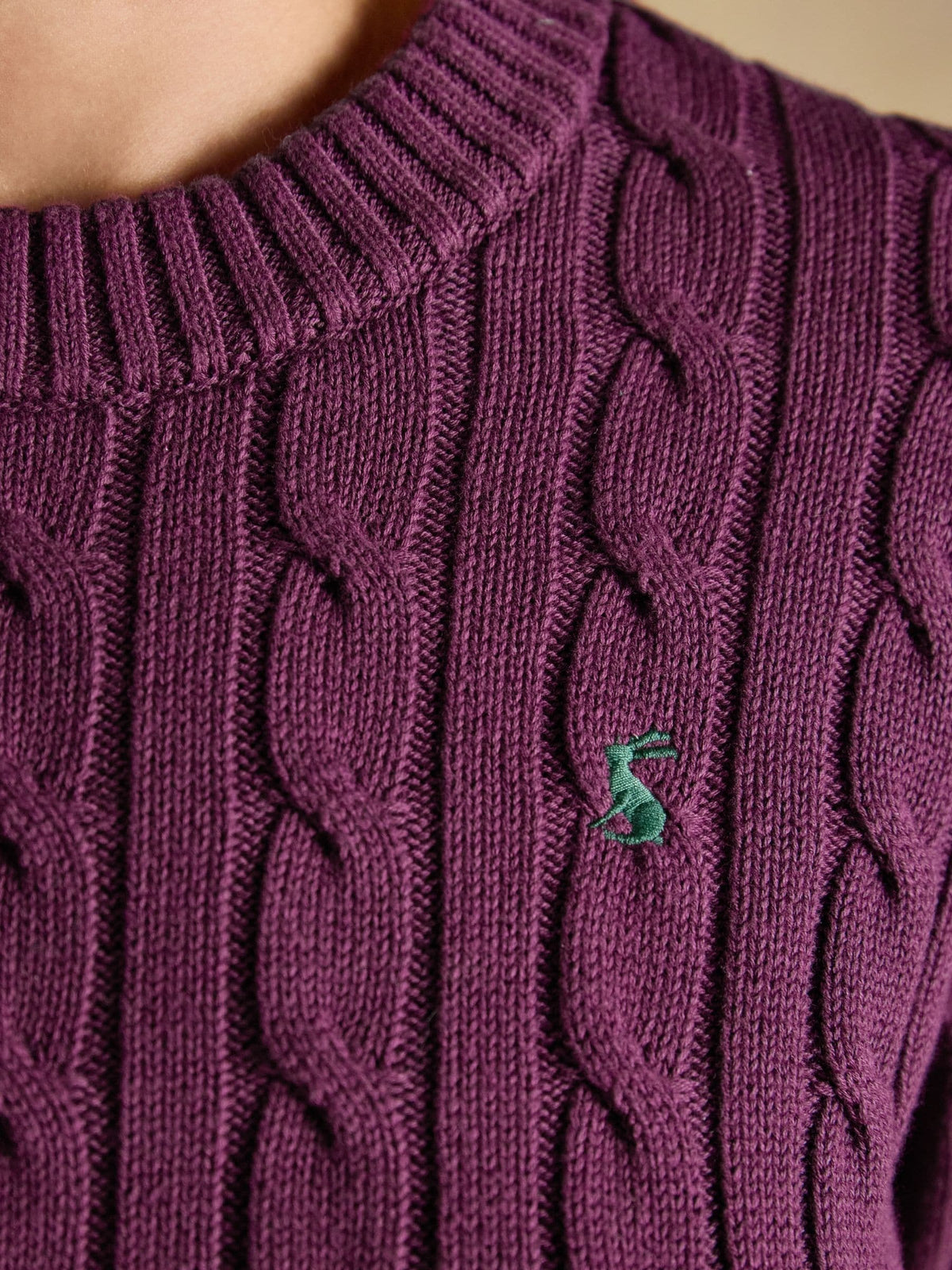 Purple Berry Classic Crew Neck Cotton Cable Knit Jumper