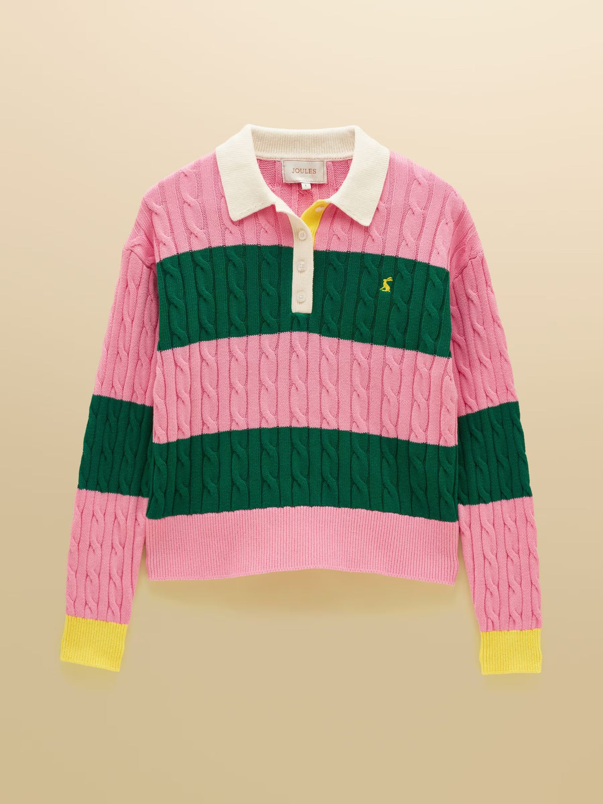 Pink & Green Striped Cotton Cable Knit Rugby Jumper