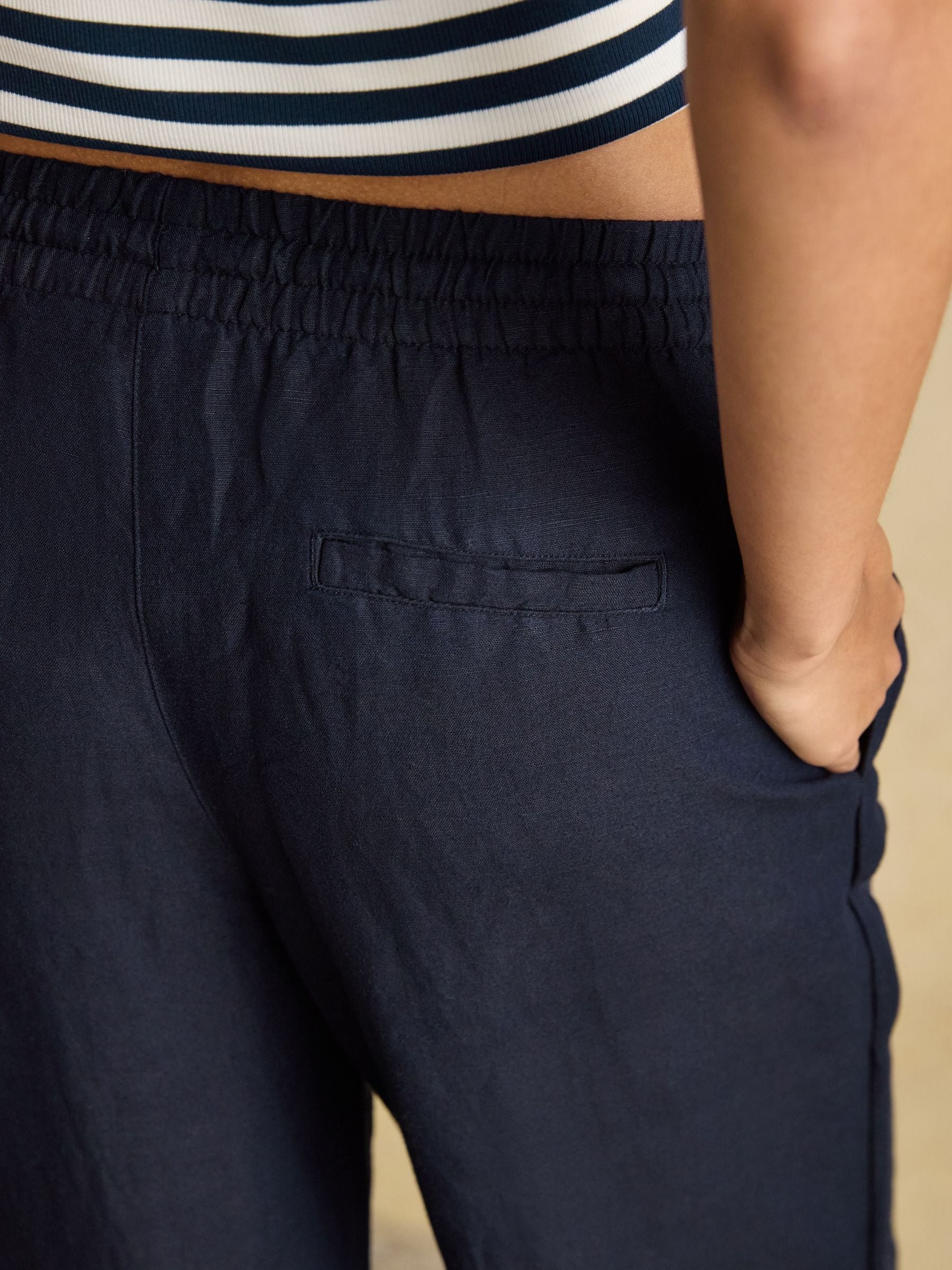 Navy Relaxed Wide Leg Trousers with Linen
