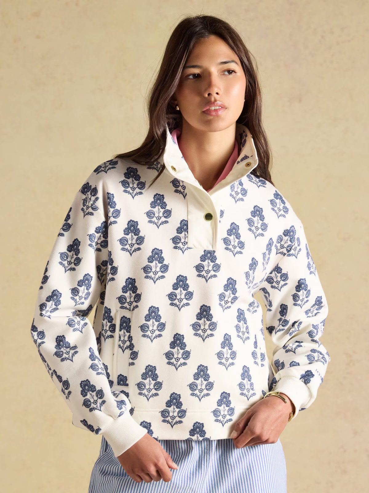 Lulworth Cream Foulard Print Popper Funnel Neck Sweatshirt
