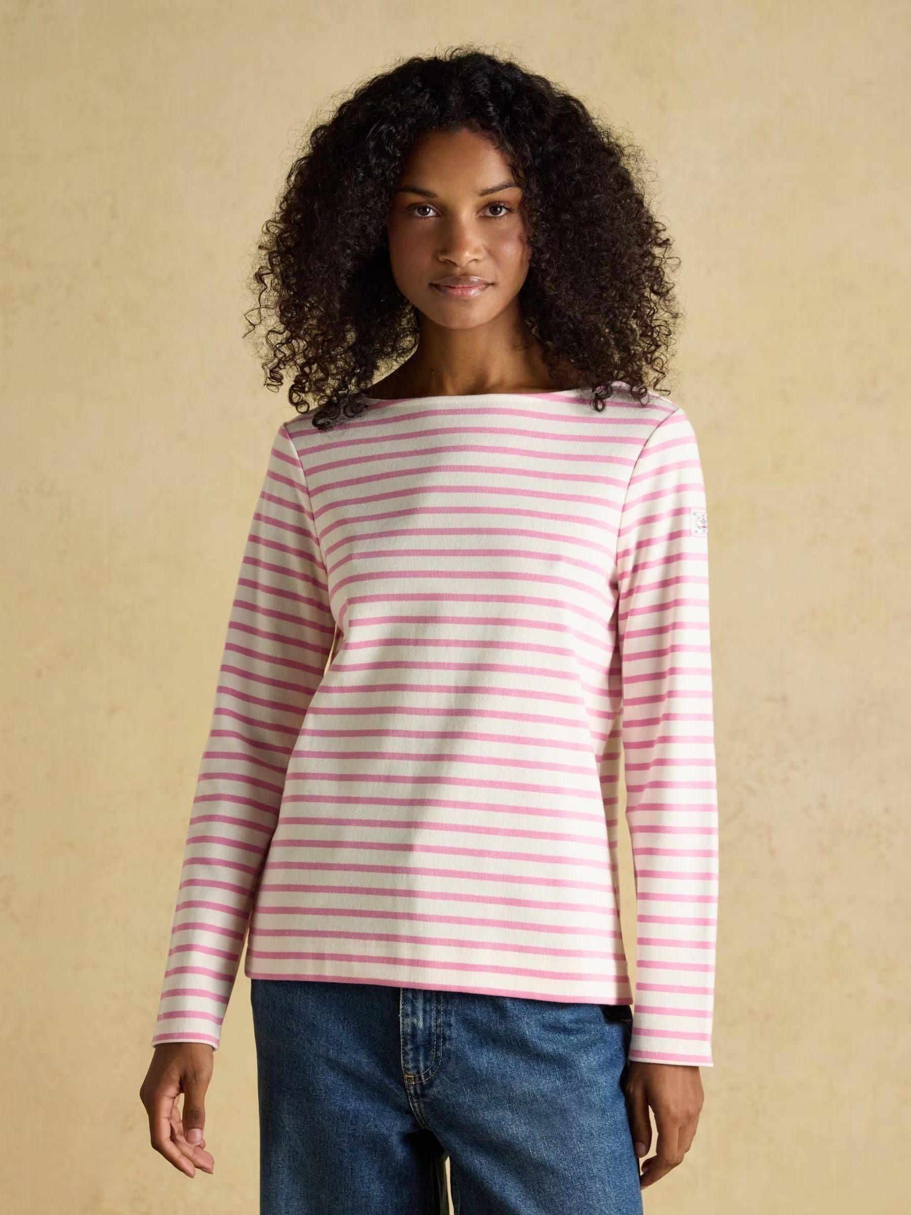 Harbour Cream & Pink Long Sleeve Striped Boat Neck Long Sleeve Breton Top
