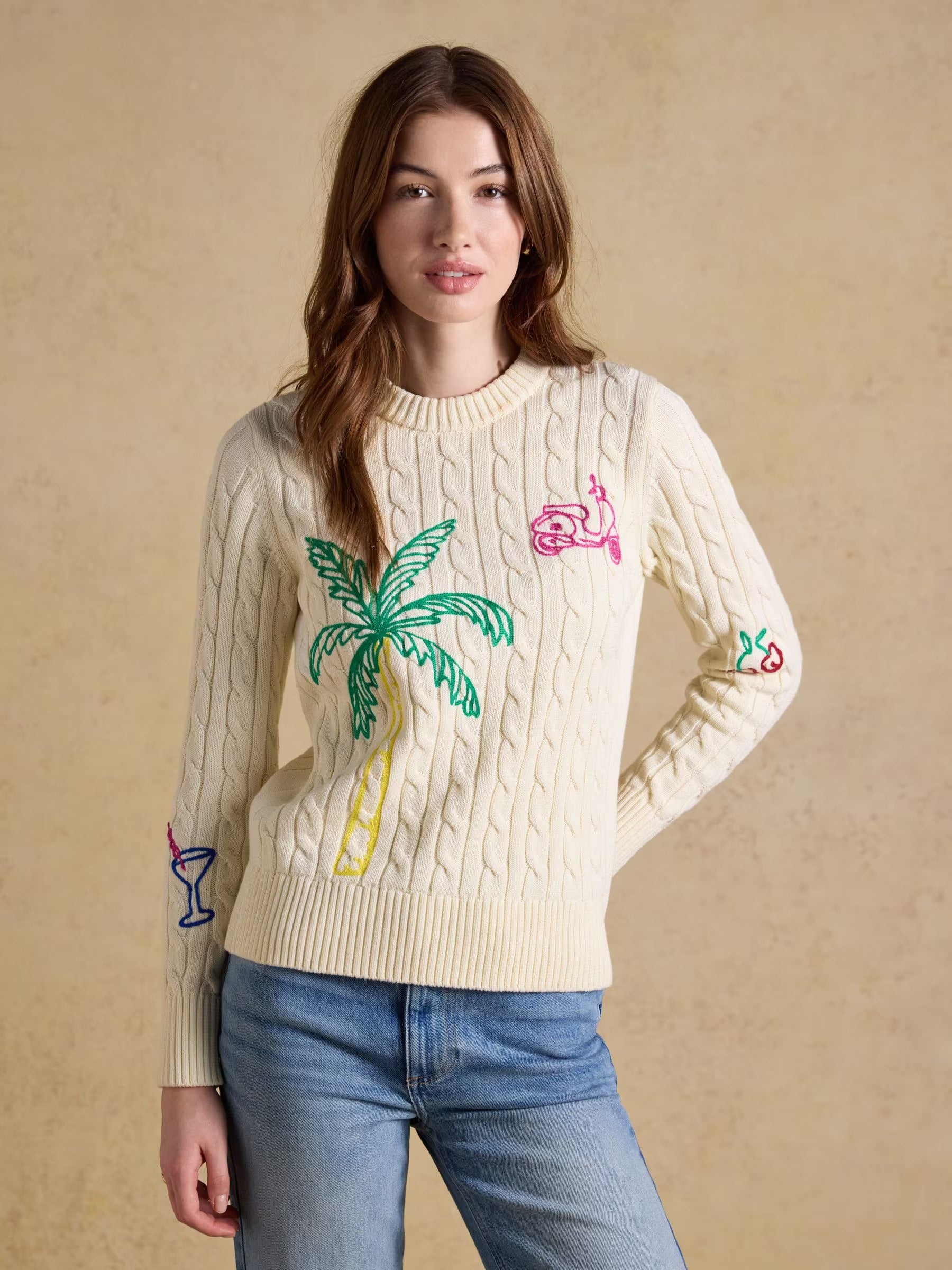Cream Embroidered Classic Crew Neck Cotton Cable Knit Jumper