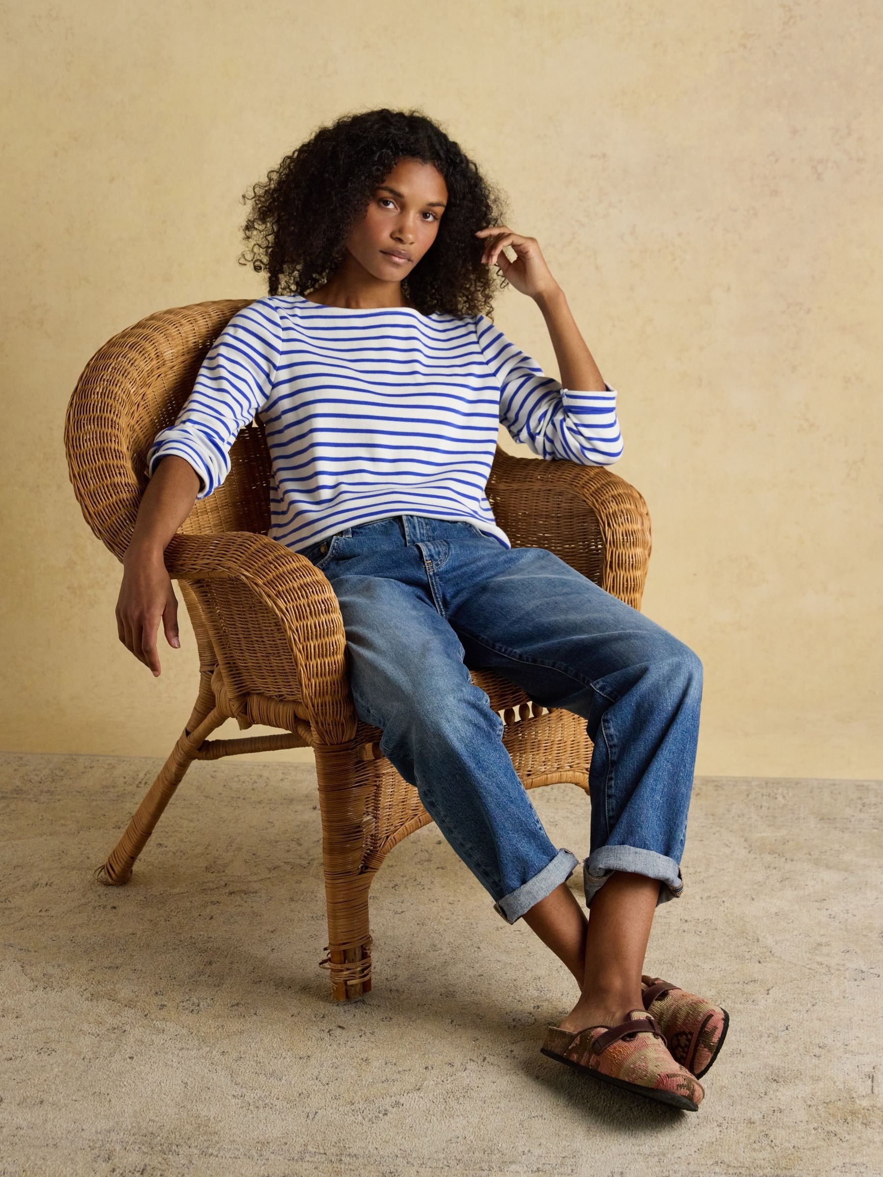 Harbour Cream & Blue Long Sleeve Striped Boat Neck Long Sleeve Breton Top