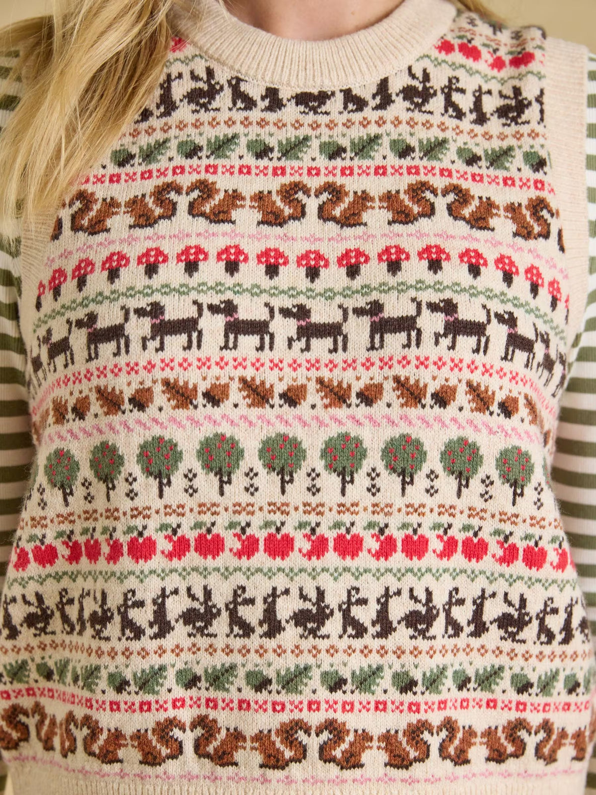 Orchard Pattern Oatmeal Cotton Blend Crew Neck Knitted Vest
