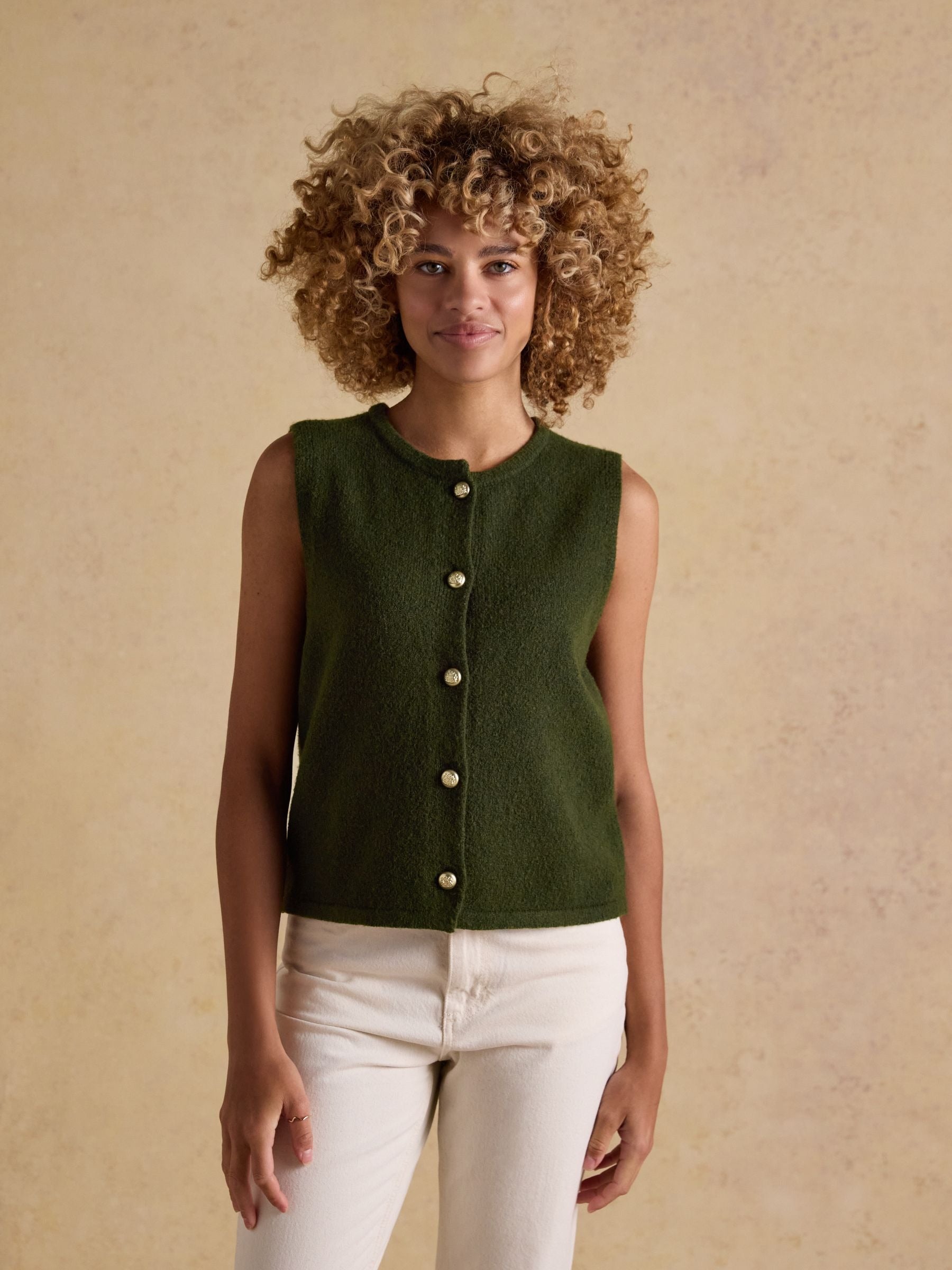 Holly Khaki Green Button Through Knitted Vest