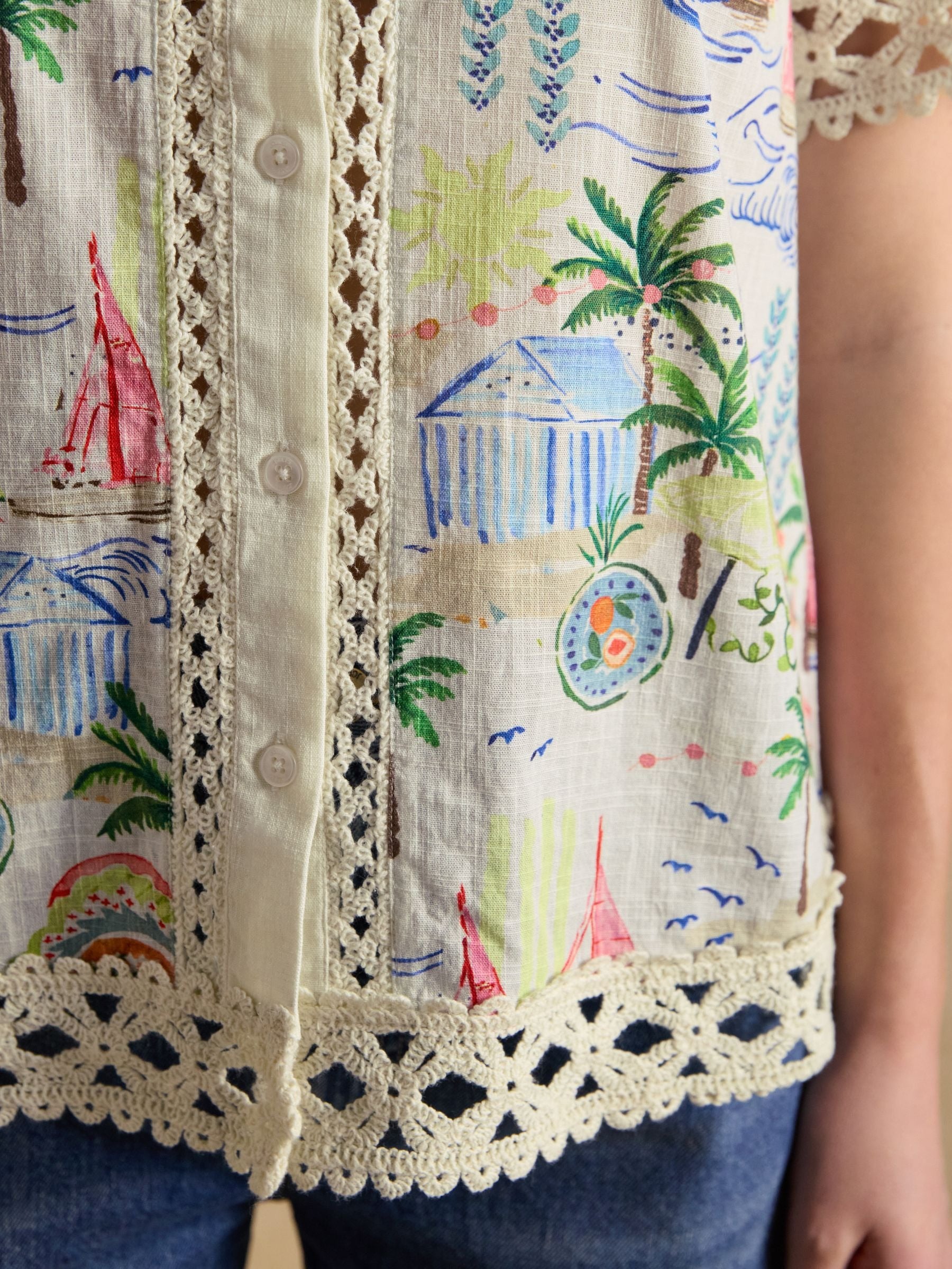 Isobel Coastal Scene Print Crochet Trim Shirt