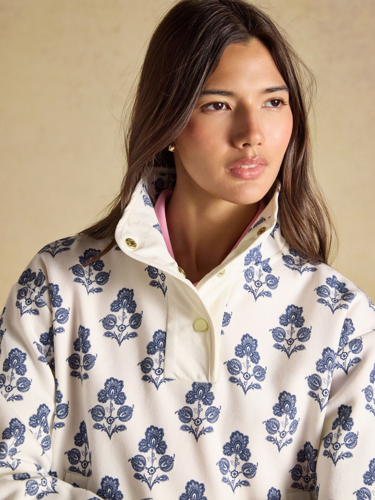 Lulworth Cream Foulard Print Popper Funnel Neck Sweatshirt