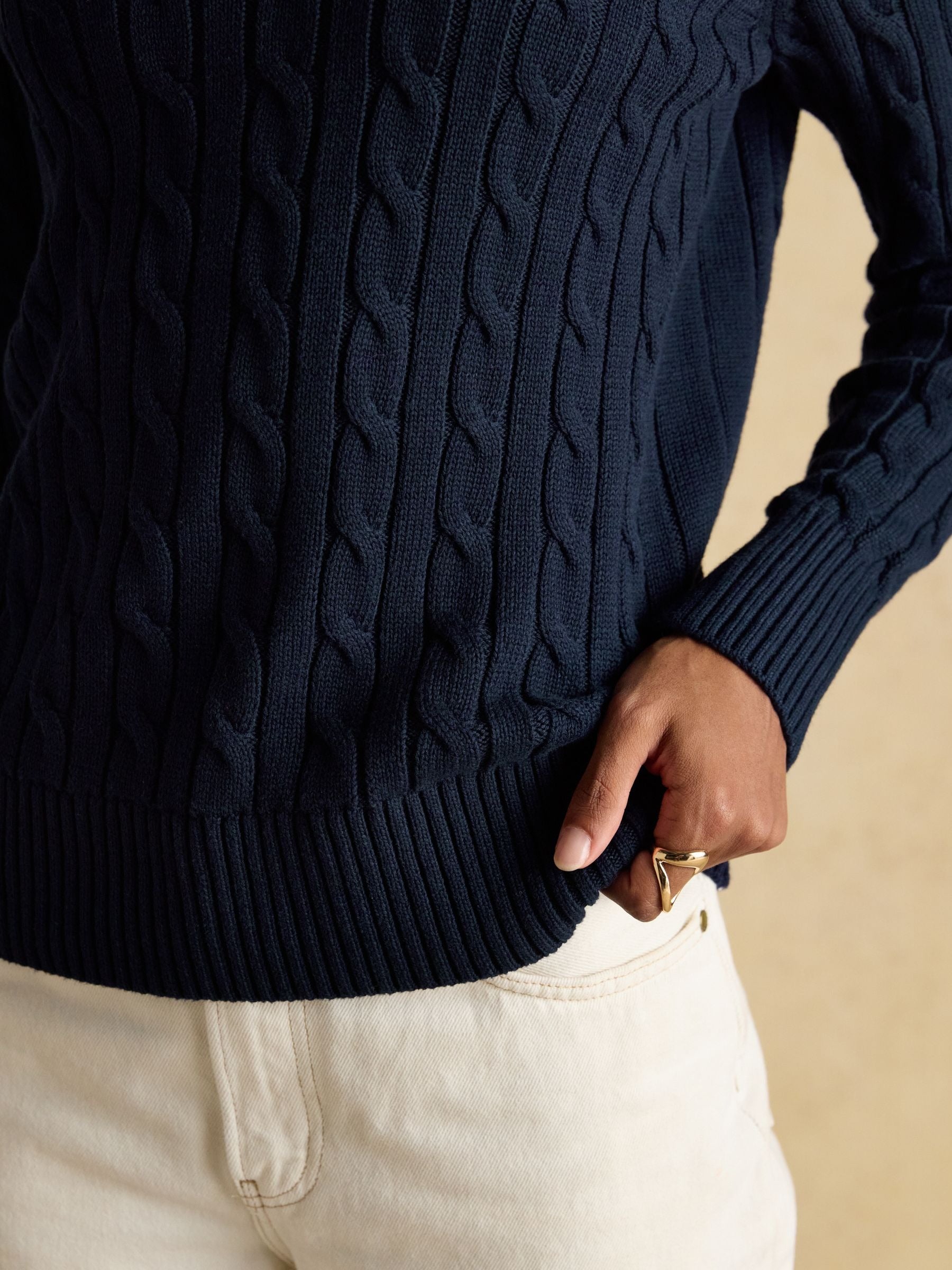 Navy Classic Crew Neck Cotton Cable Knit Jumper