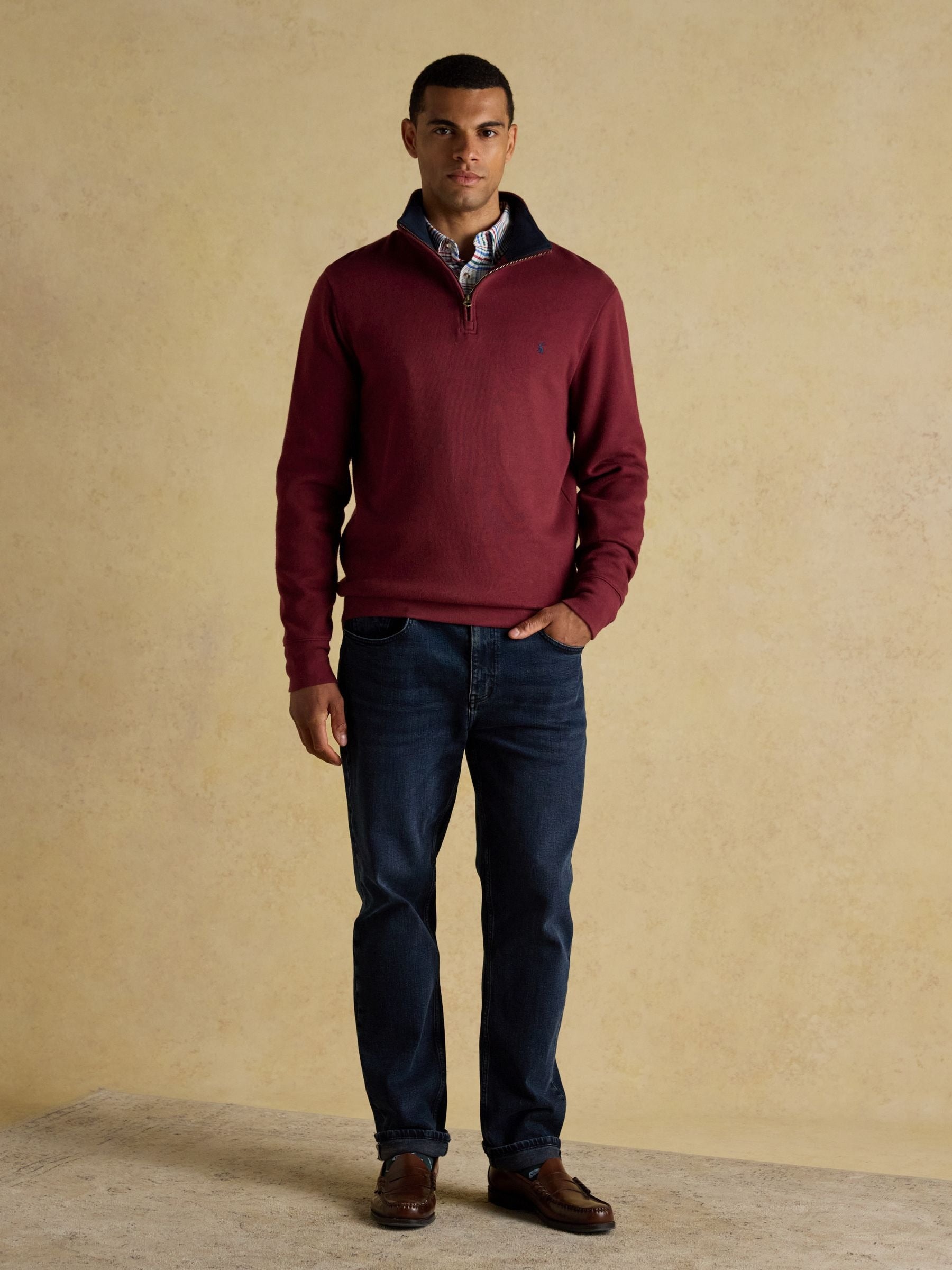 Burgundy Red Alistair French Ribbed Knit Quarter Zip Sweatshirt