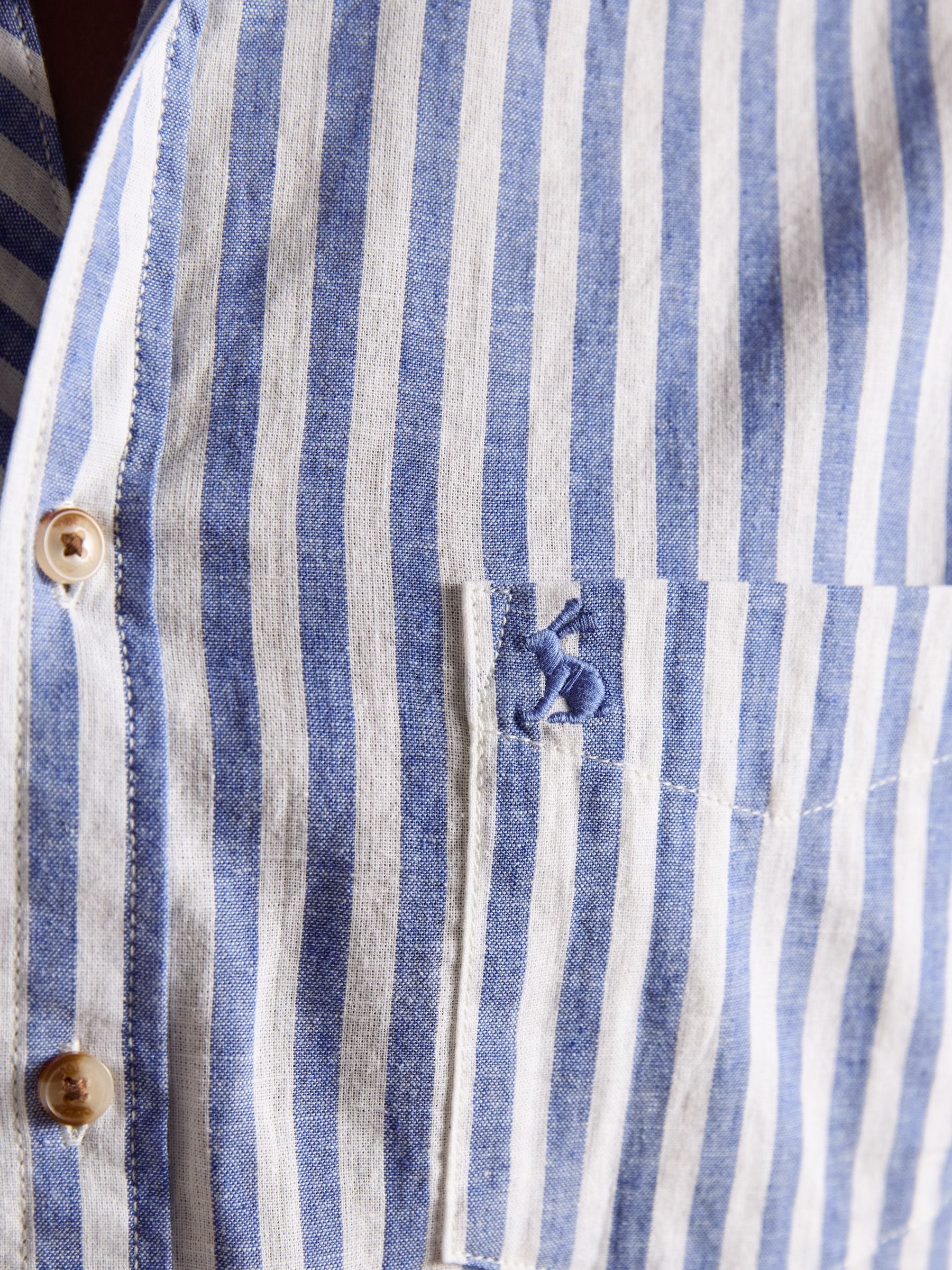 Blue & White Striped Linen Blend Long Sleeve Shirt