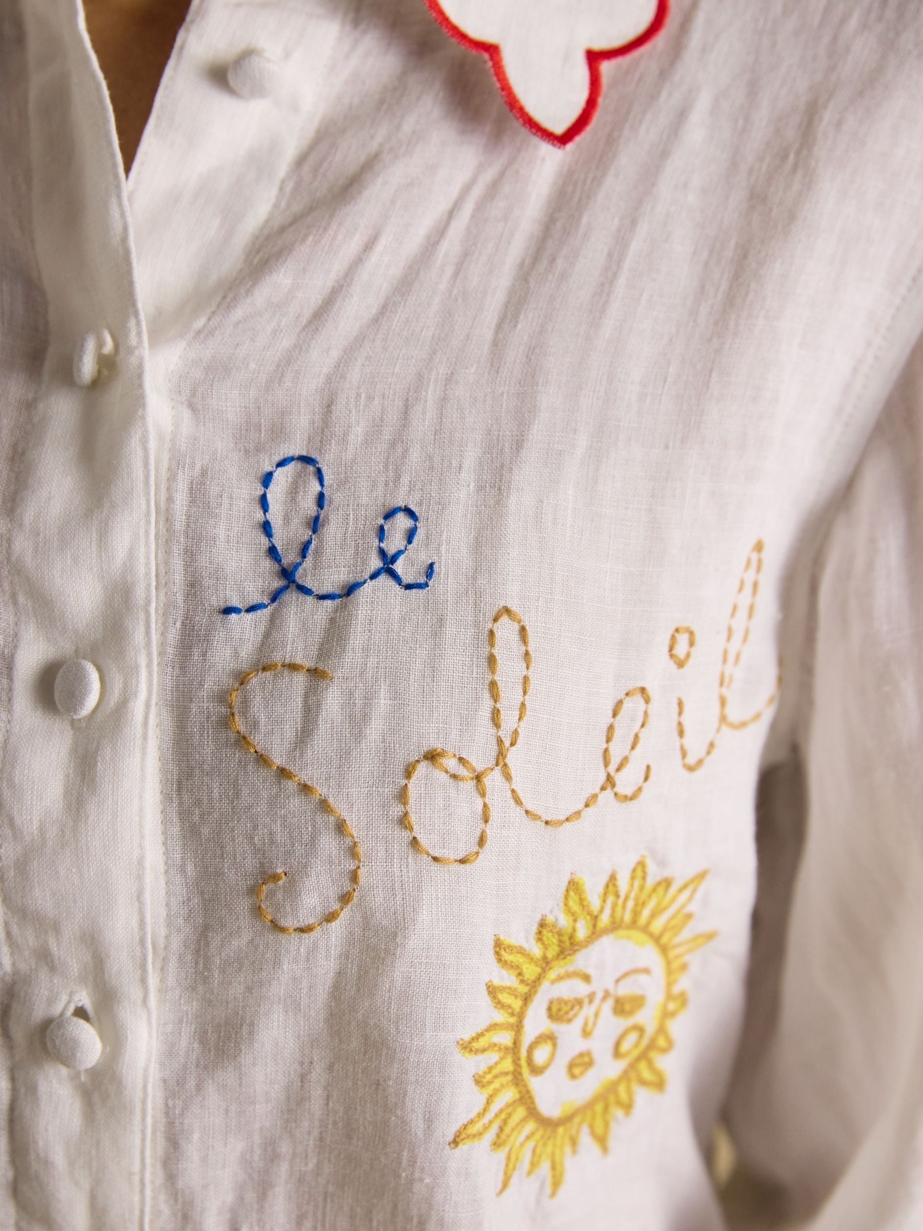 Orla White Embroidered Icons Pure Linen Long Sleeve Shirt