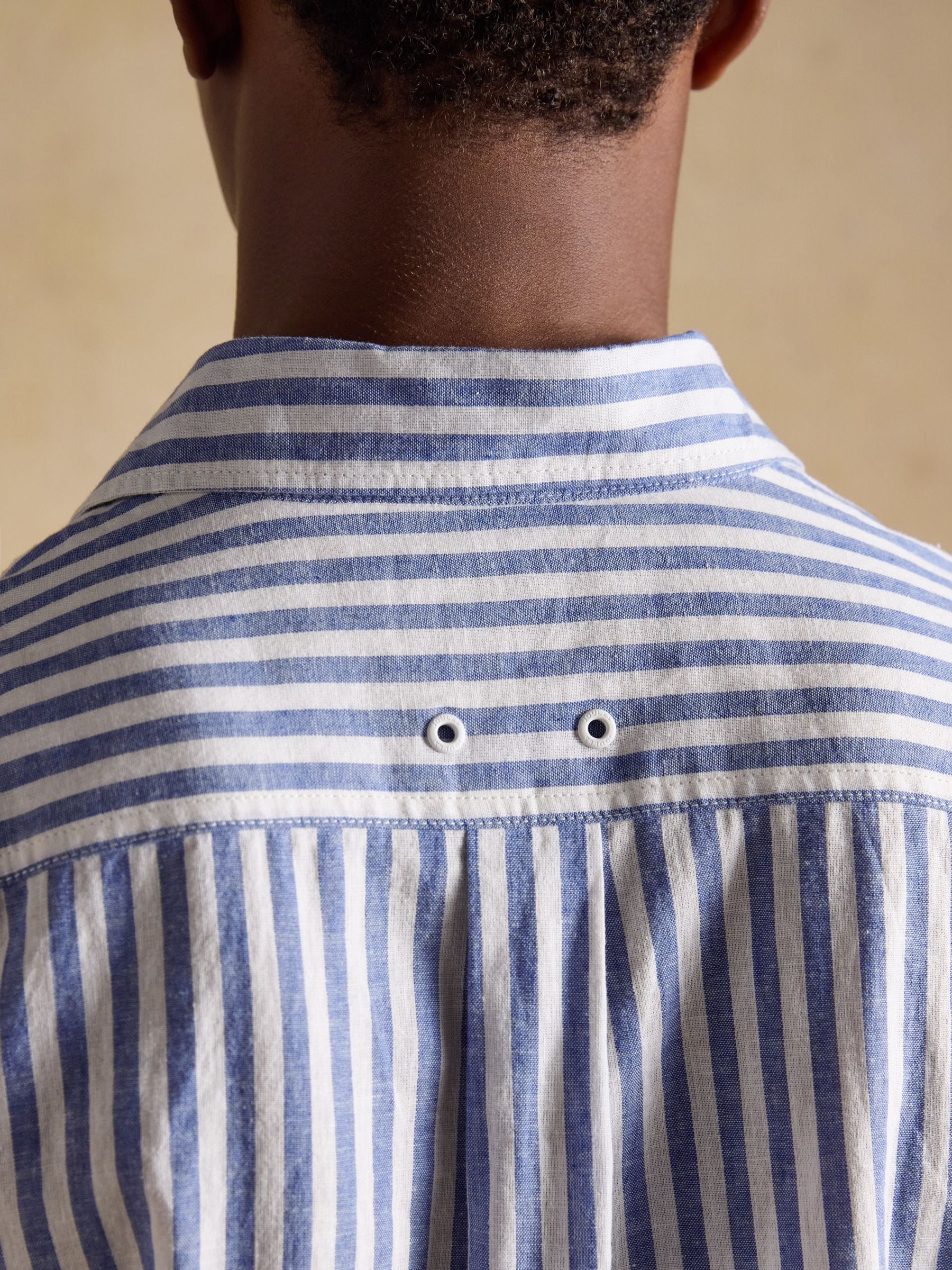Blue & White Striped Linen Blend Long Sleeve Shirt