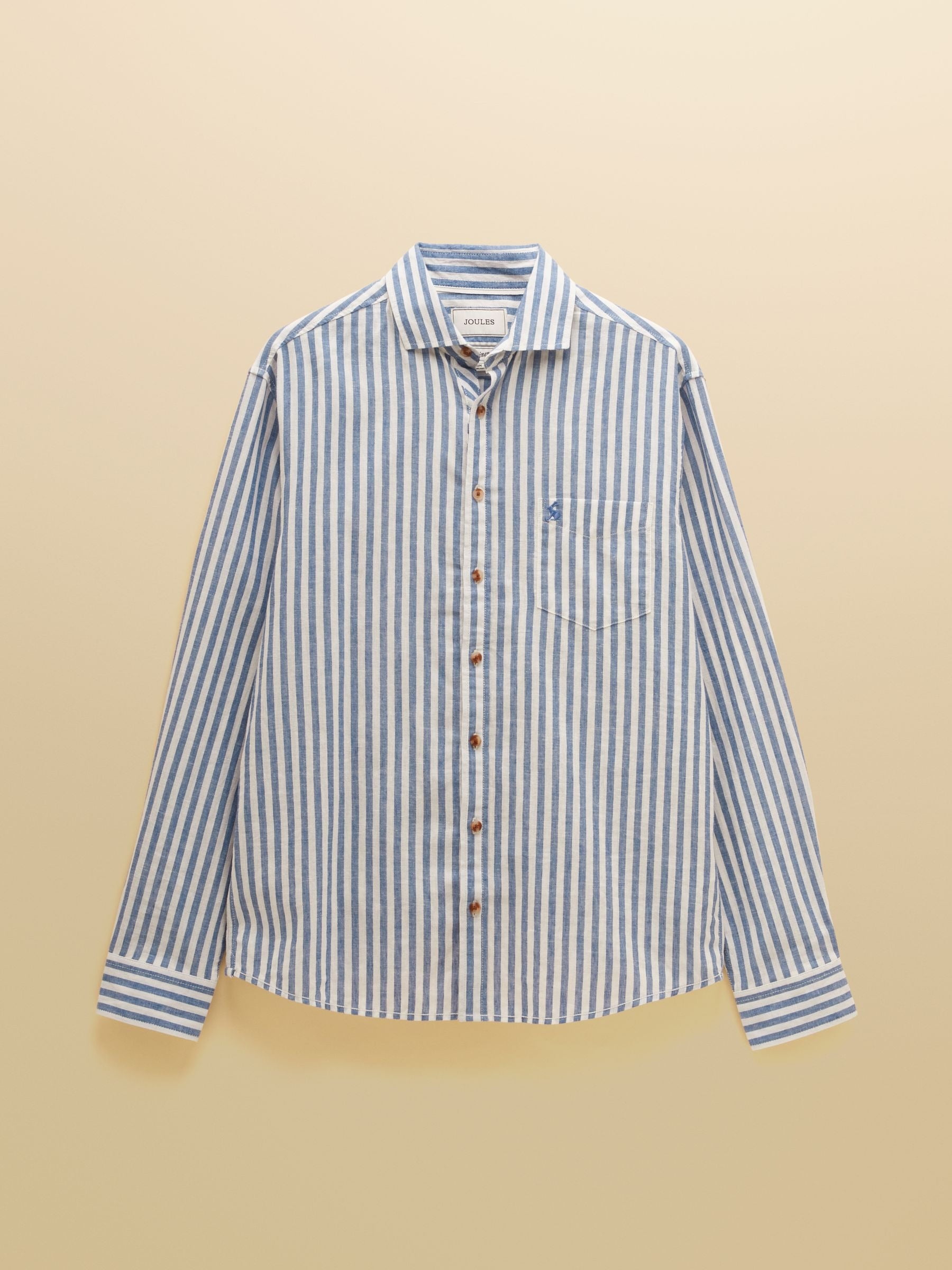 Blue & White Striped Linen Blend Long Sleeve Shirt