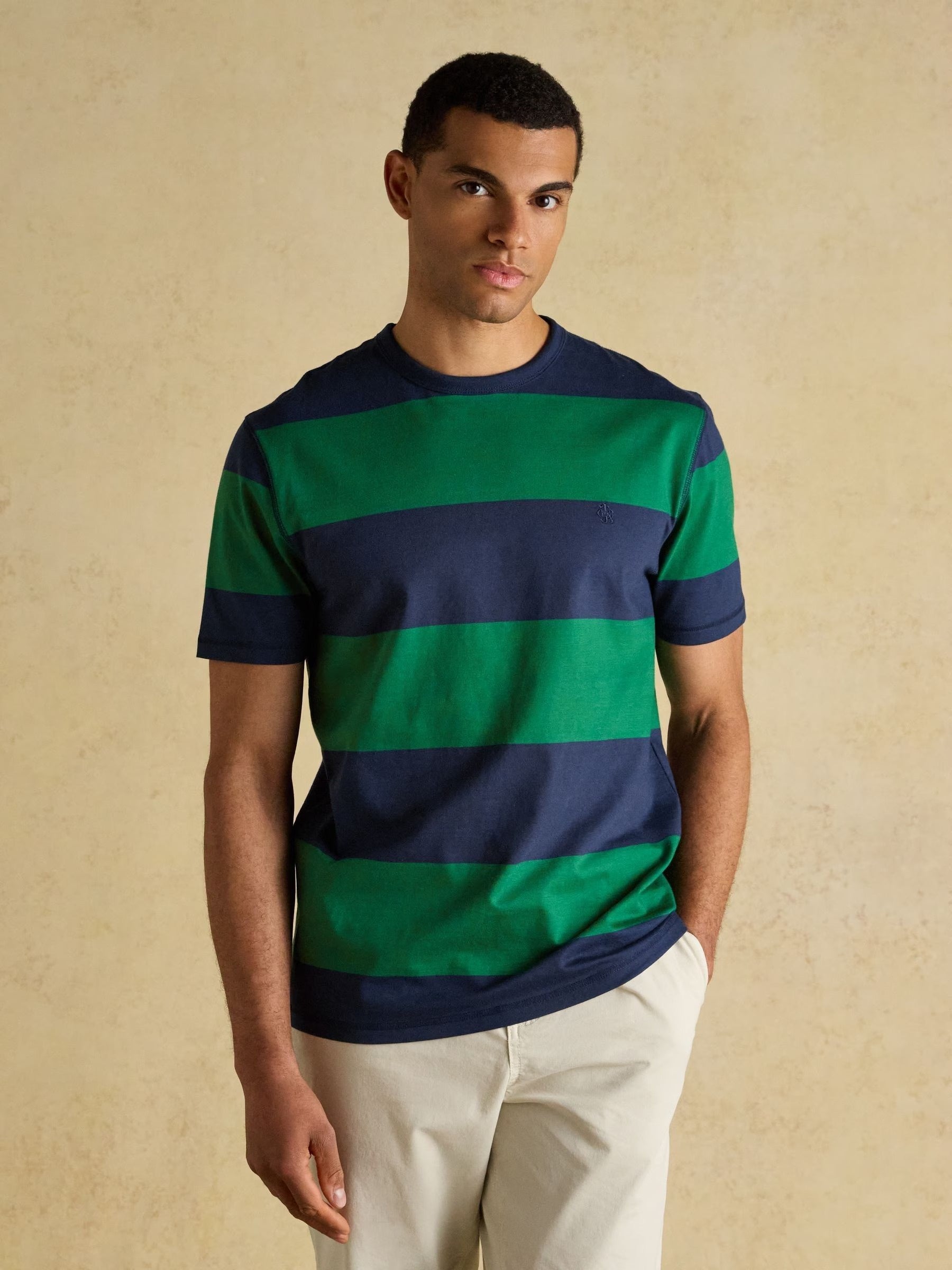 Rugby Club Green & Navy Striped Crew Neck Cotton T-Shirt