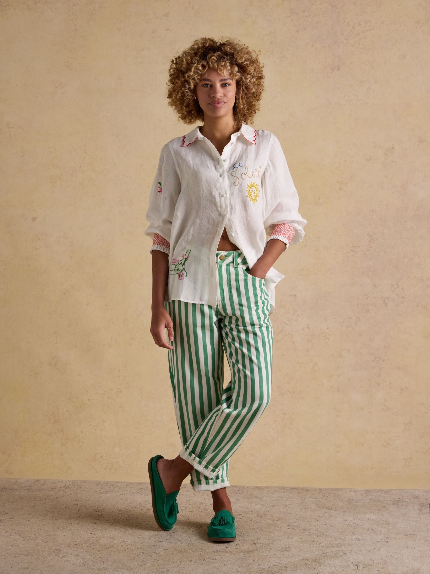 Orla White Embroidered Icons Pure Linen Long Sleeve Shirt