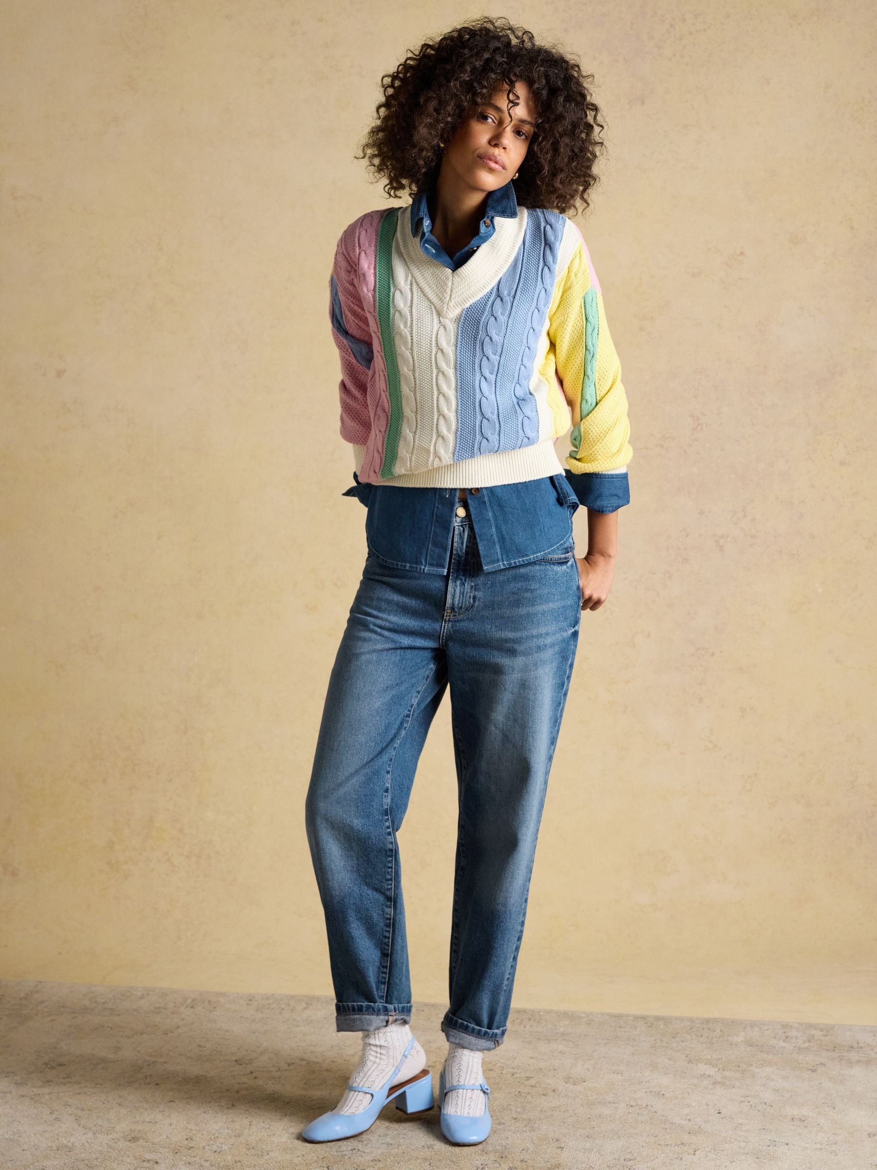 Multi Stripe Cable Knit Cricket Cotton Jumper