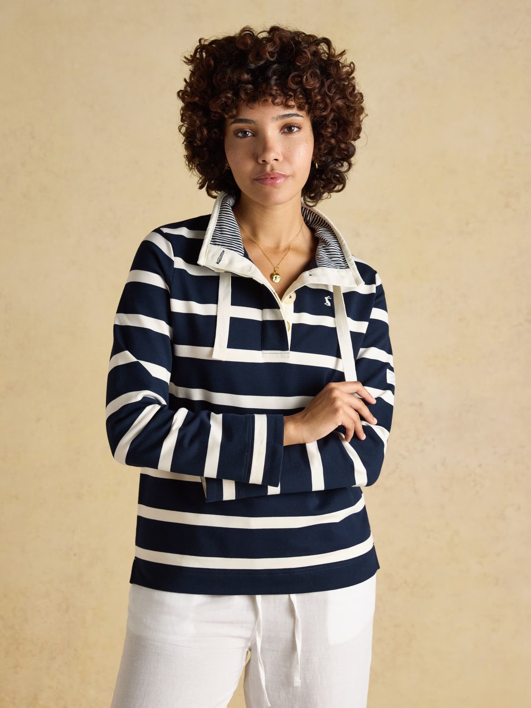 Saunton Navy & Cream Striped Cotton Blend Sweatshirt with Buttoned Funnel Neck