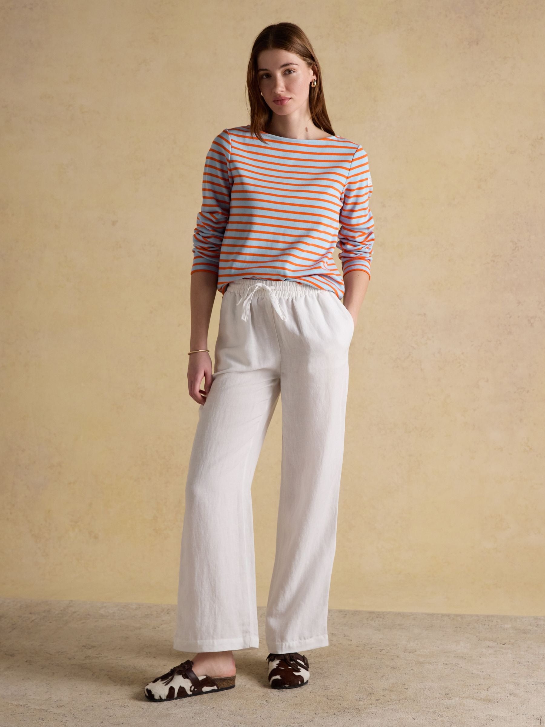 Harbour Blue & Orange Long Sleeve Striped Boat Neck Long Sleeve Breton Top