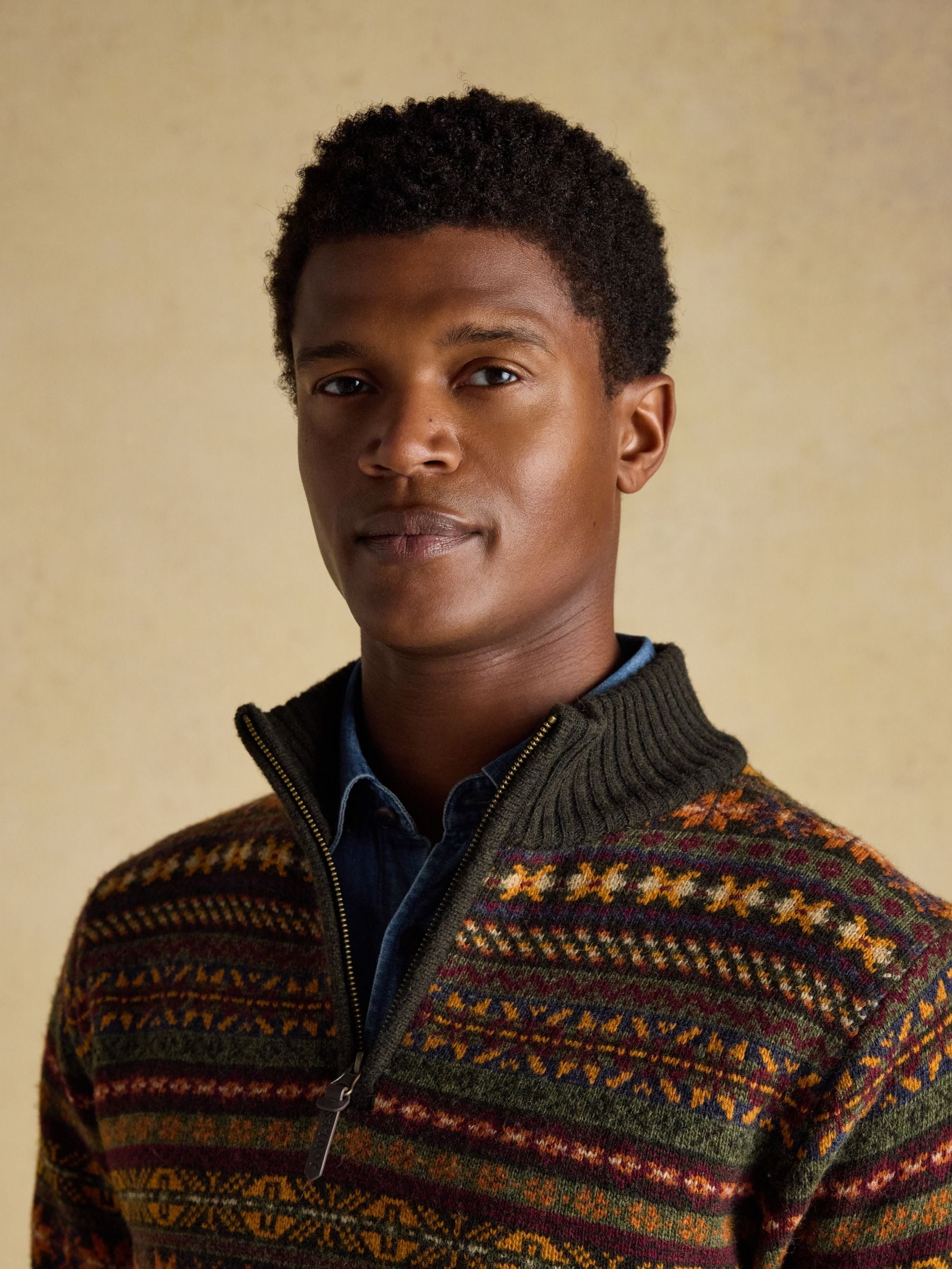 Milligan Wool-Rich Green Quarter Zip Fair Isle Jumper
