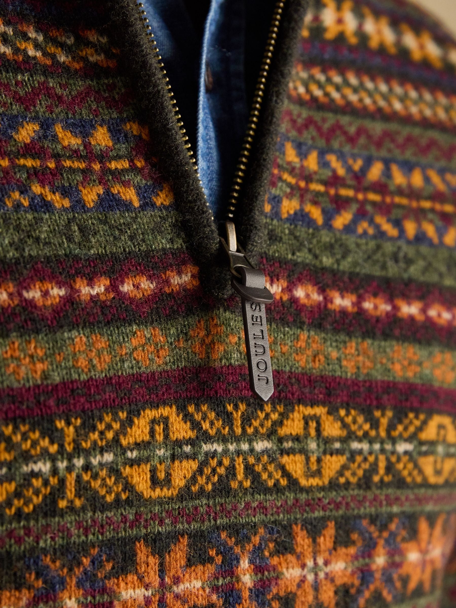 Milligan Wool-Rich Green Quarter Zip Fair Isle Jumper
