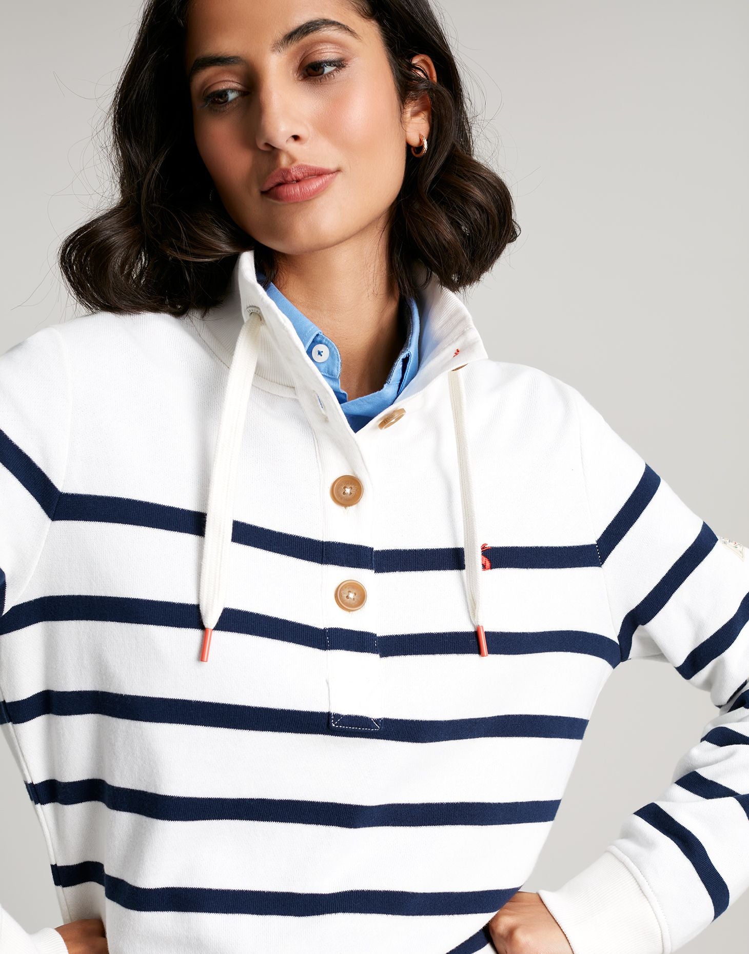 Joules - Women's Southwold Button Down Sweatshirt - NAVY CREAM STRIPE
