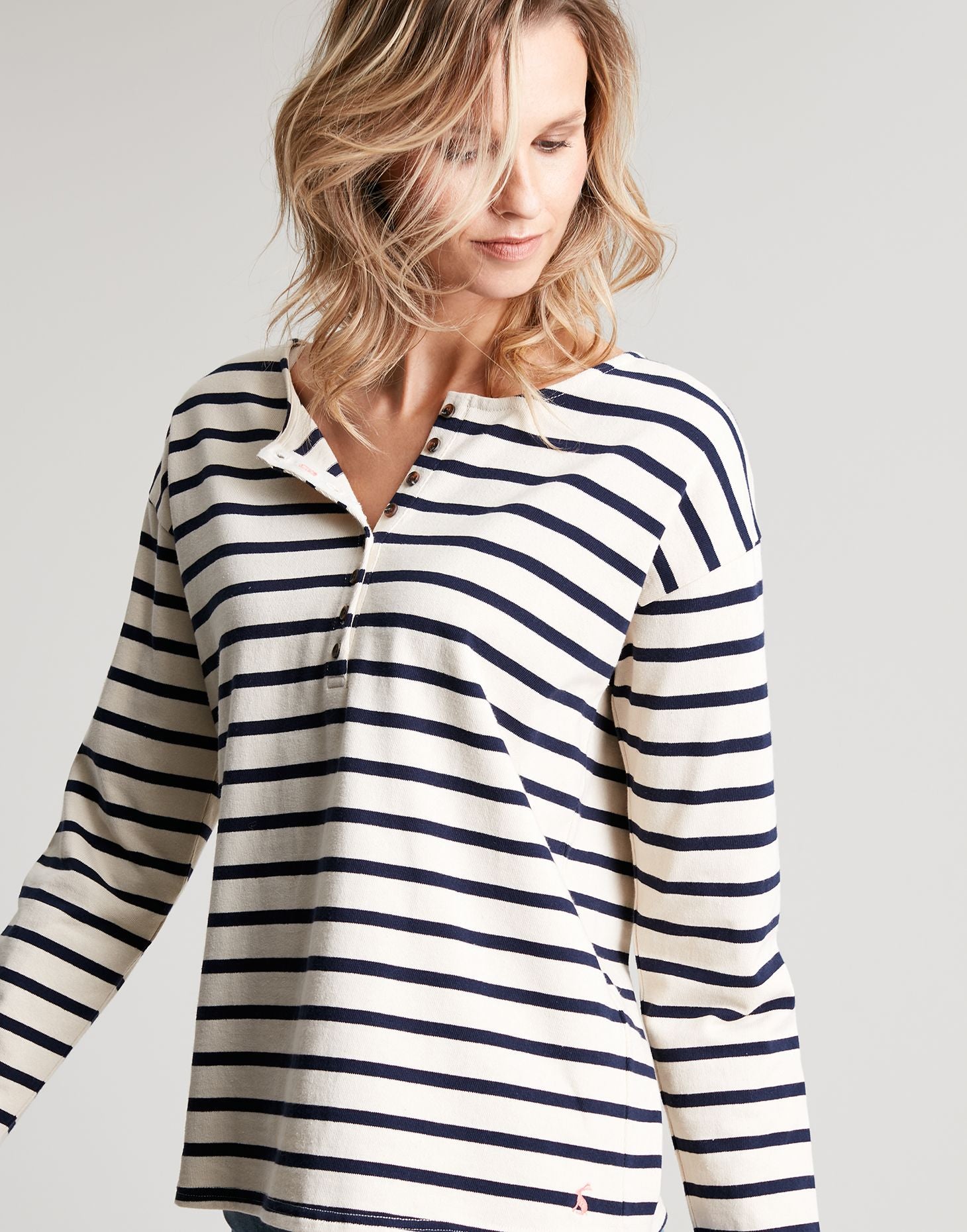 Joules - Olive Long Sleeve Henley Top - CREAM NAVY STRIPE
