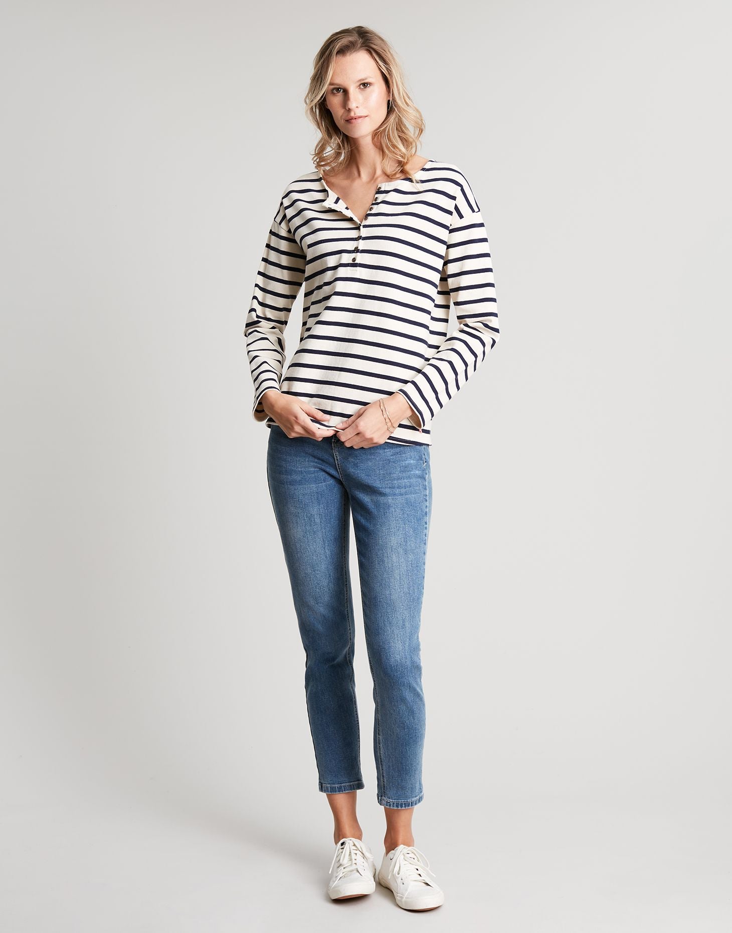 Joules - Olive Long Sleeve Henley Top - CREAM NAVY STRIPE