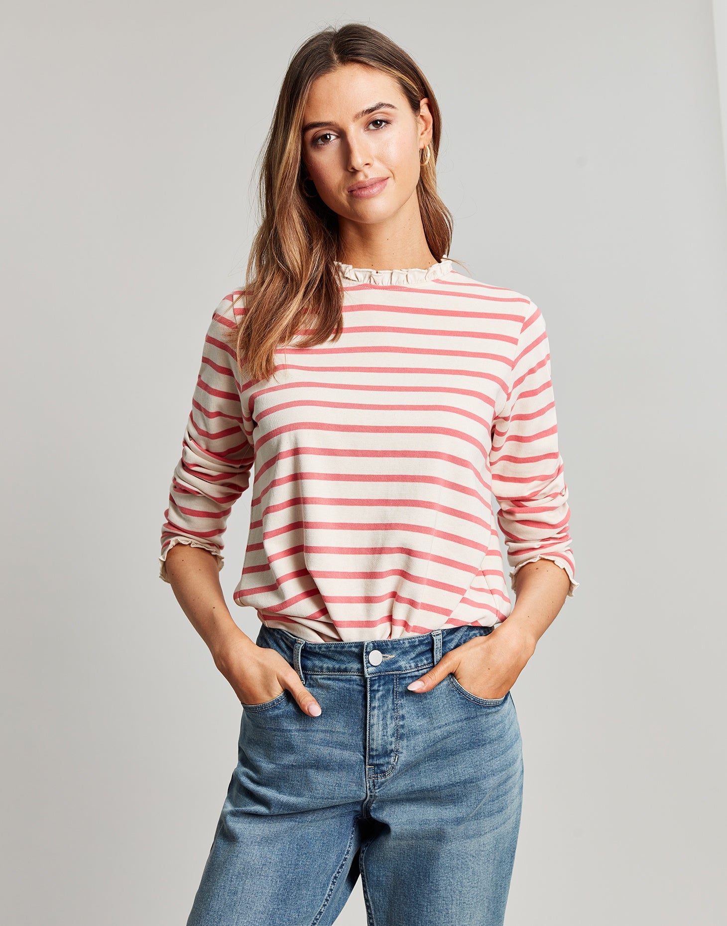 Daisy Long Sleeve Top with Frill - Coral Stripe