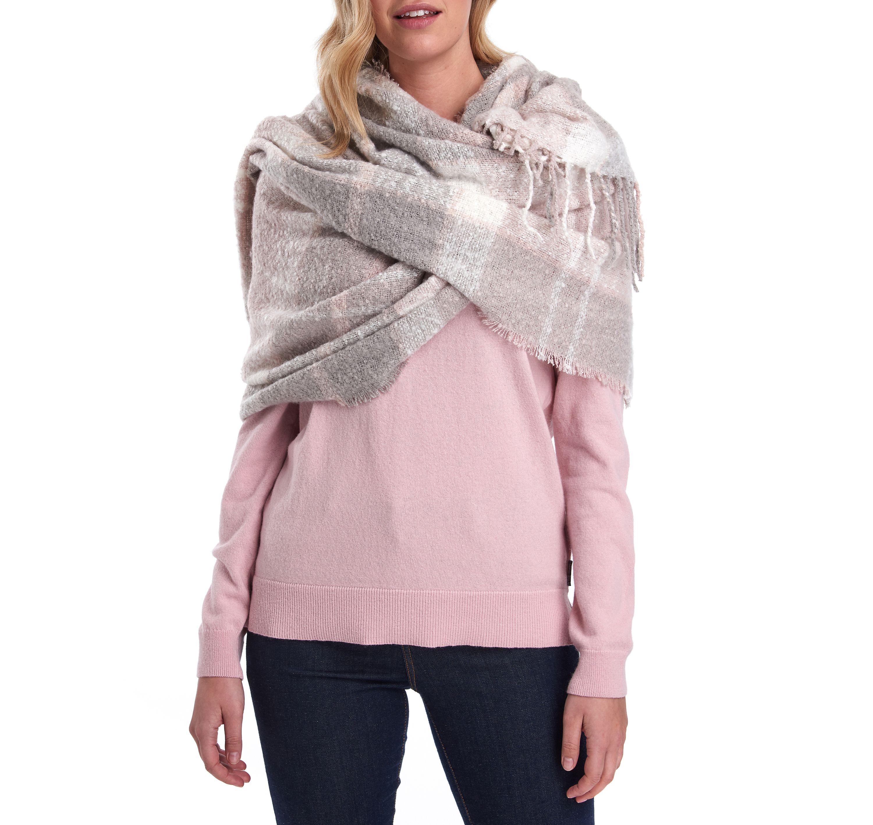 Bilton Tartan Boucle Scarf in Soft Pink/Grey