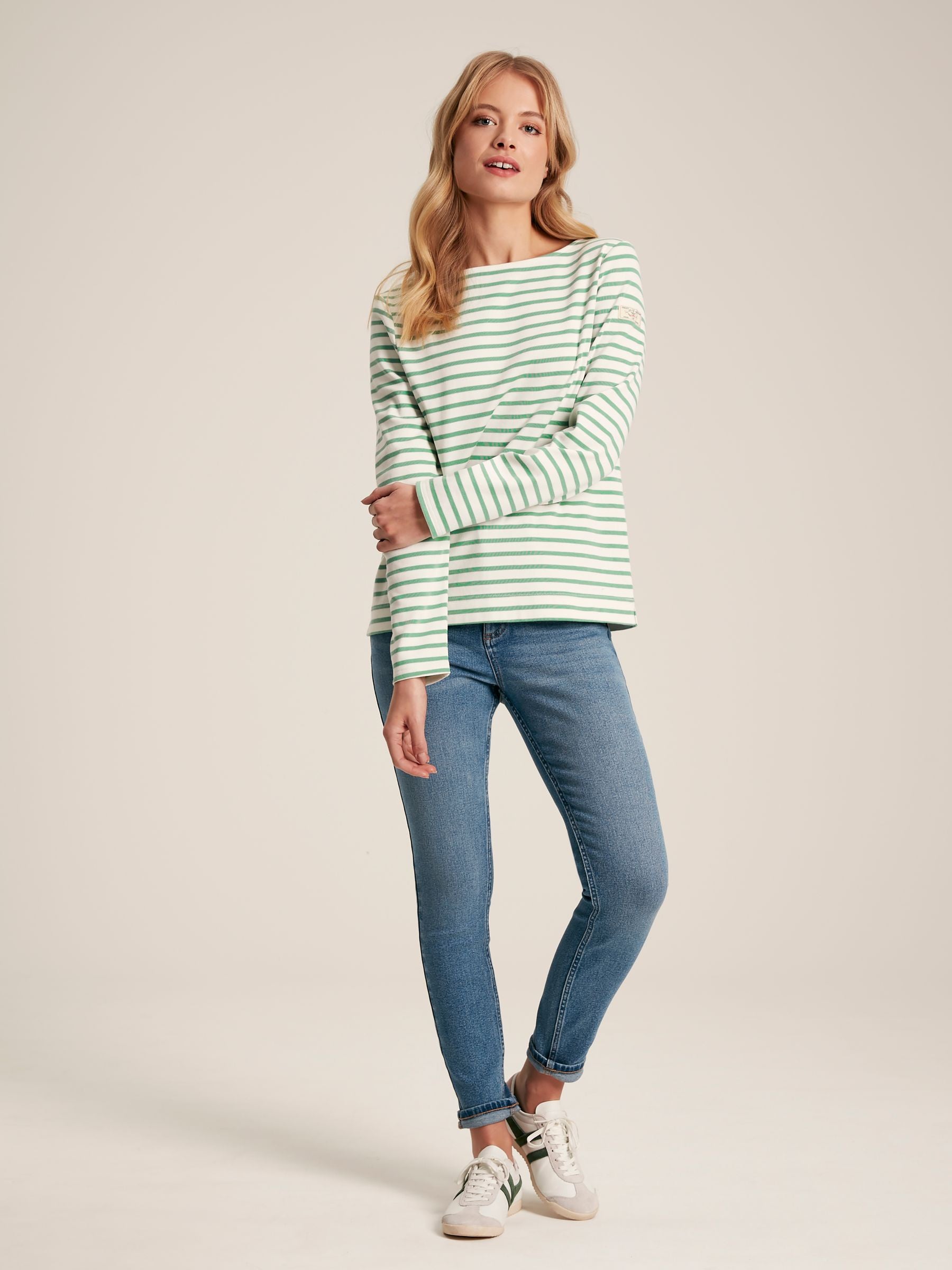 New Harbour Green & White Striped Boat Neck Breton Top