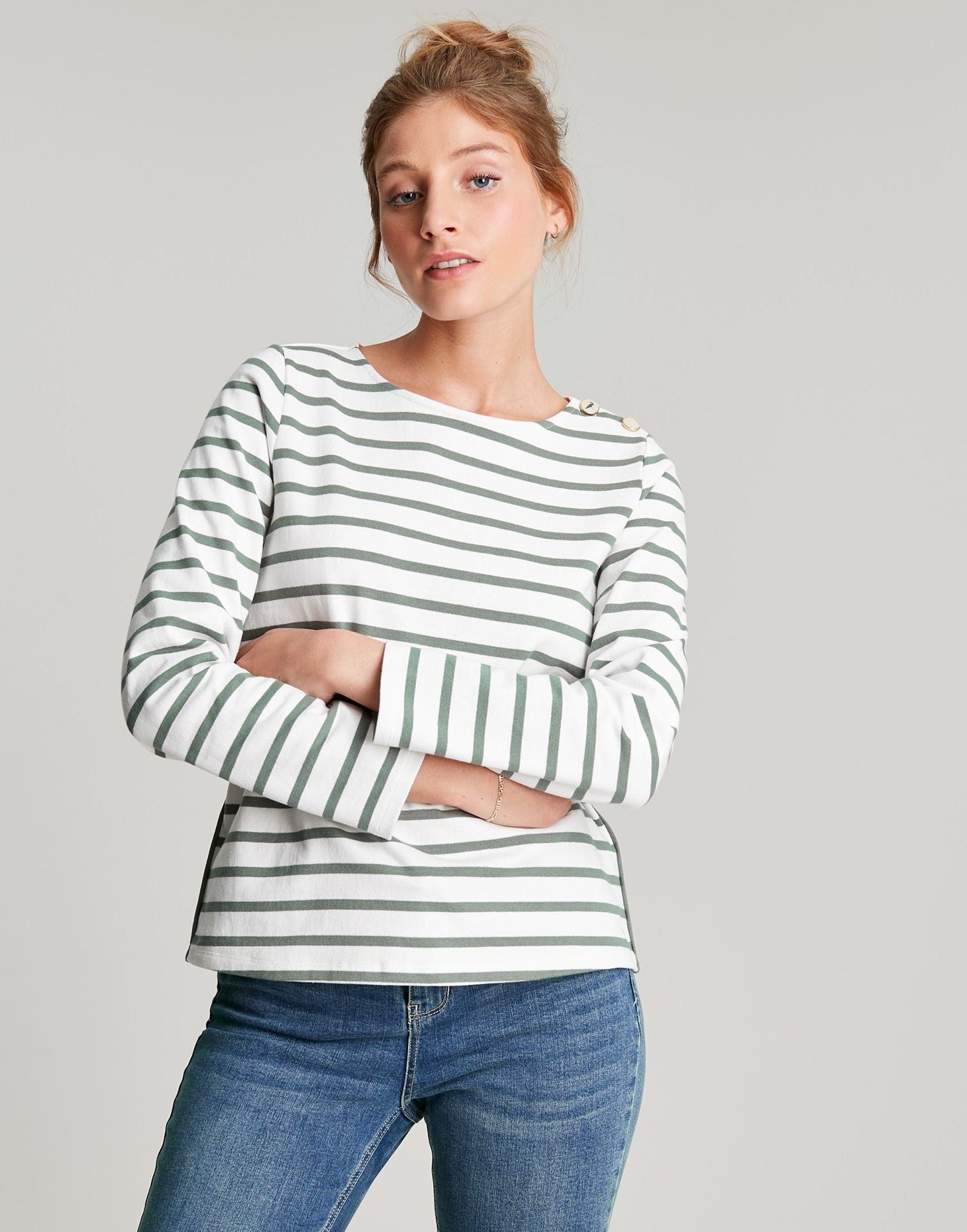 Women's Aubree Button Shoulder Jersey Top - Cream Green Stripe