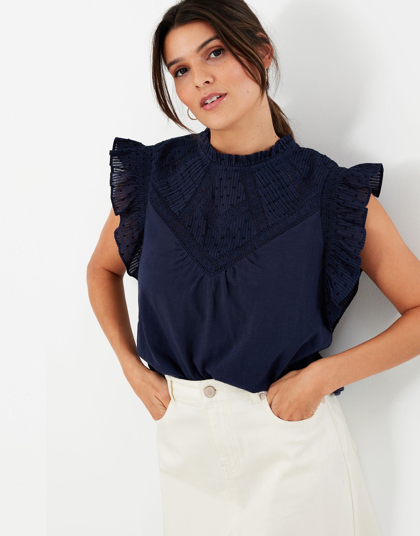 Frida Jersey Woven Mix Frill Top - French Navy
