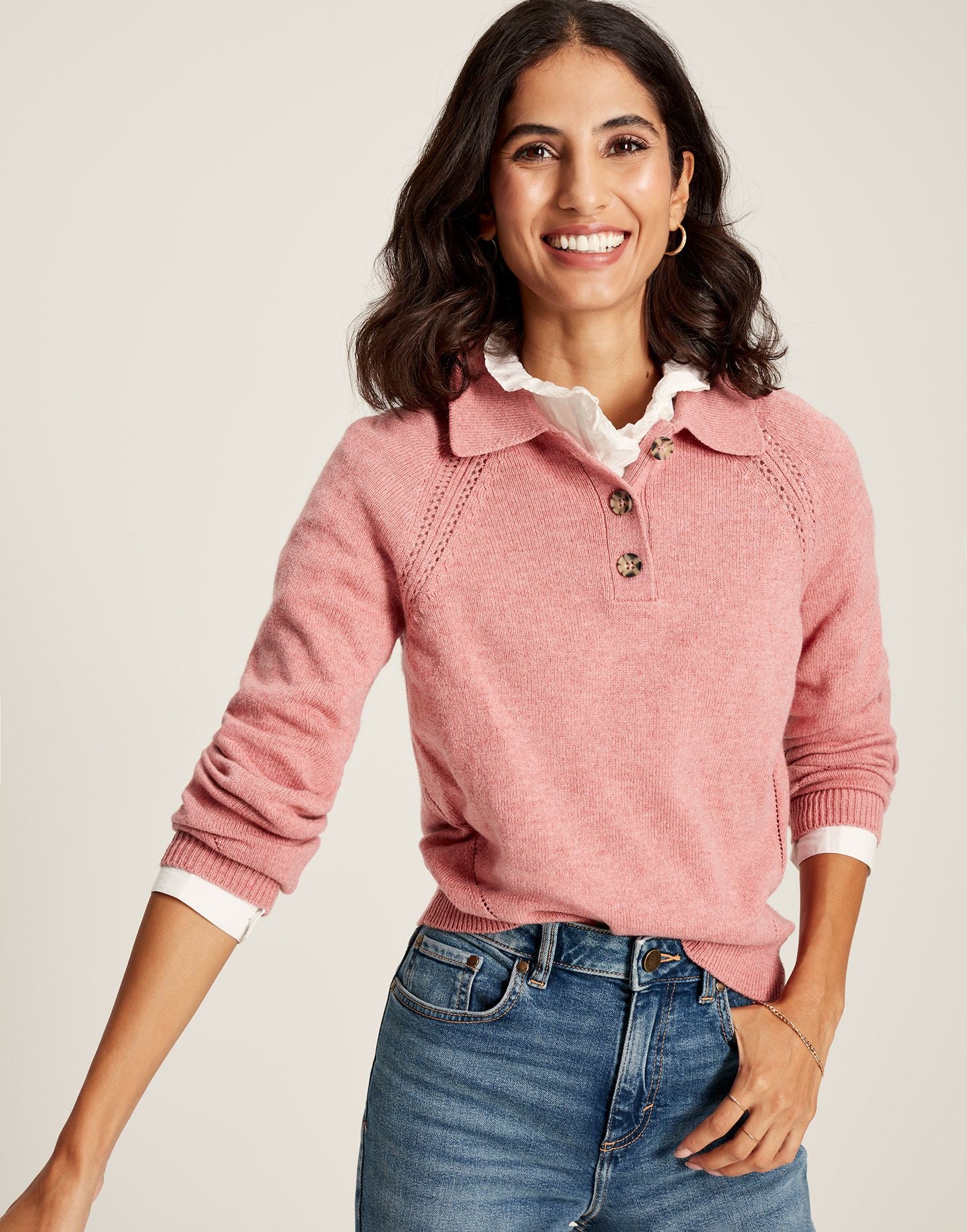 Mia Collared Pointelle Jumper - Pink