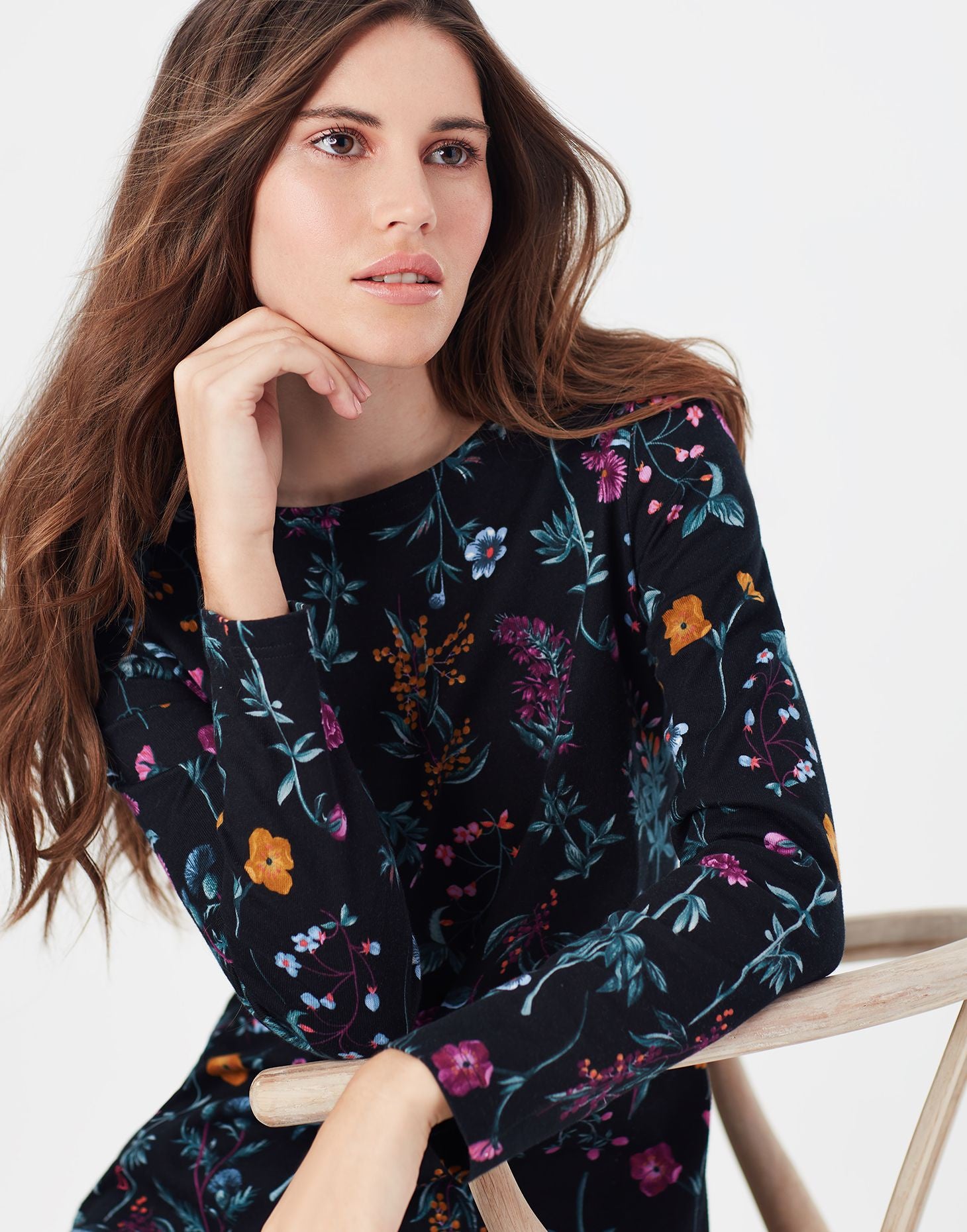 Women's Harbour Print Long Sleeve Jersey Top - Black Floral