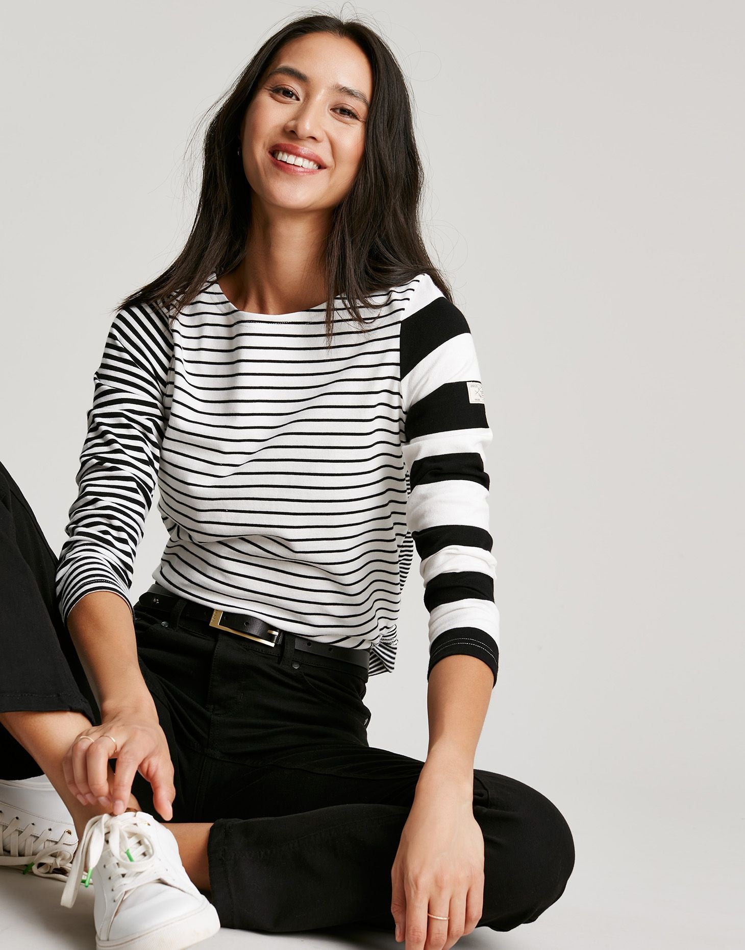 Women's Harbour Long Sleeve Jersey Top - Black Cream Stripe