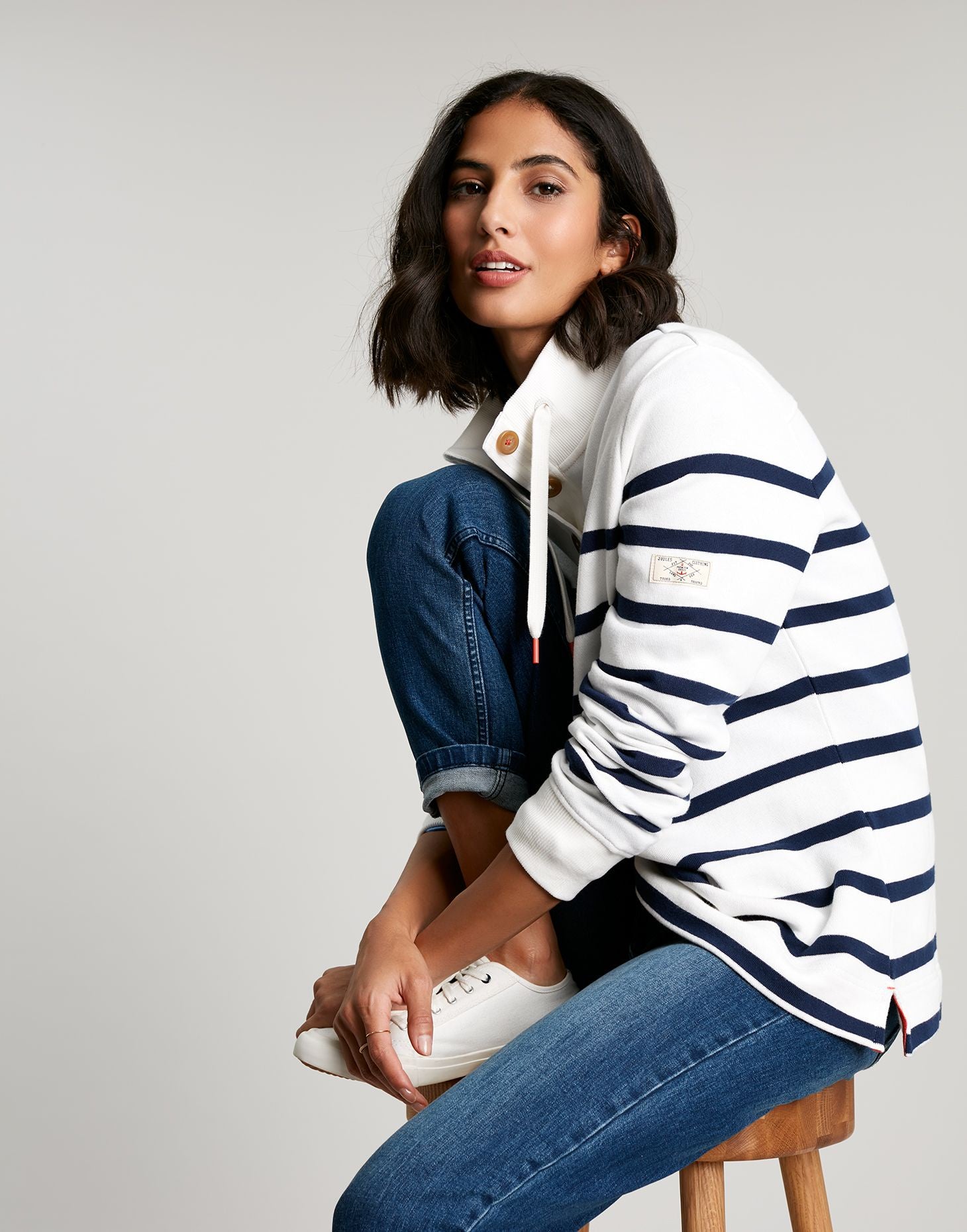 Joules - Women's Southwold Button Down Sweatshirt - NAVY CREAM STRIPE