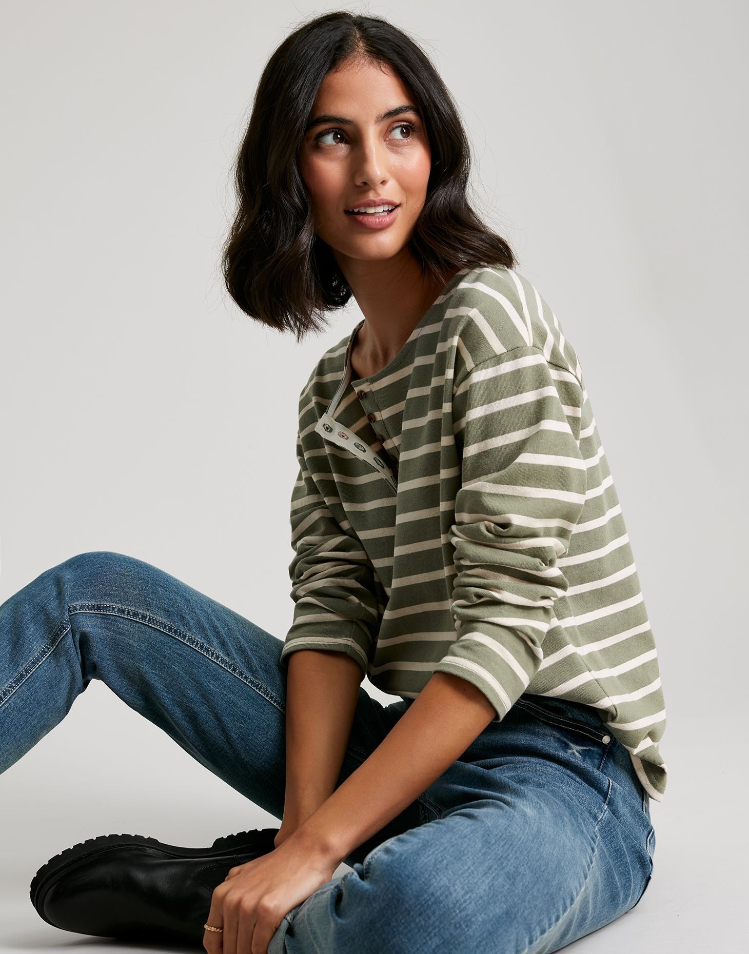 Women's Olive Long Sleeve Henley Top - Green Cream Stripe