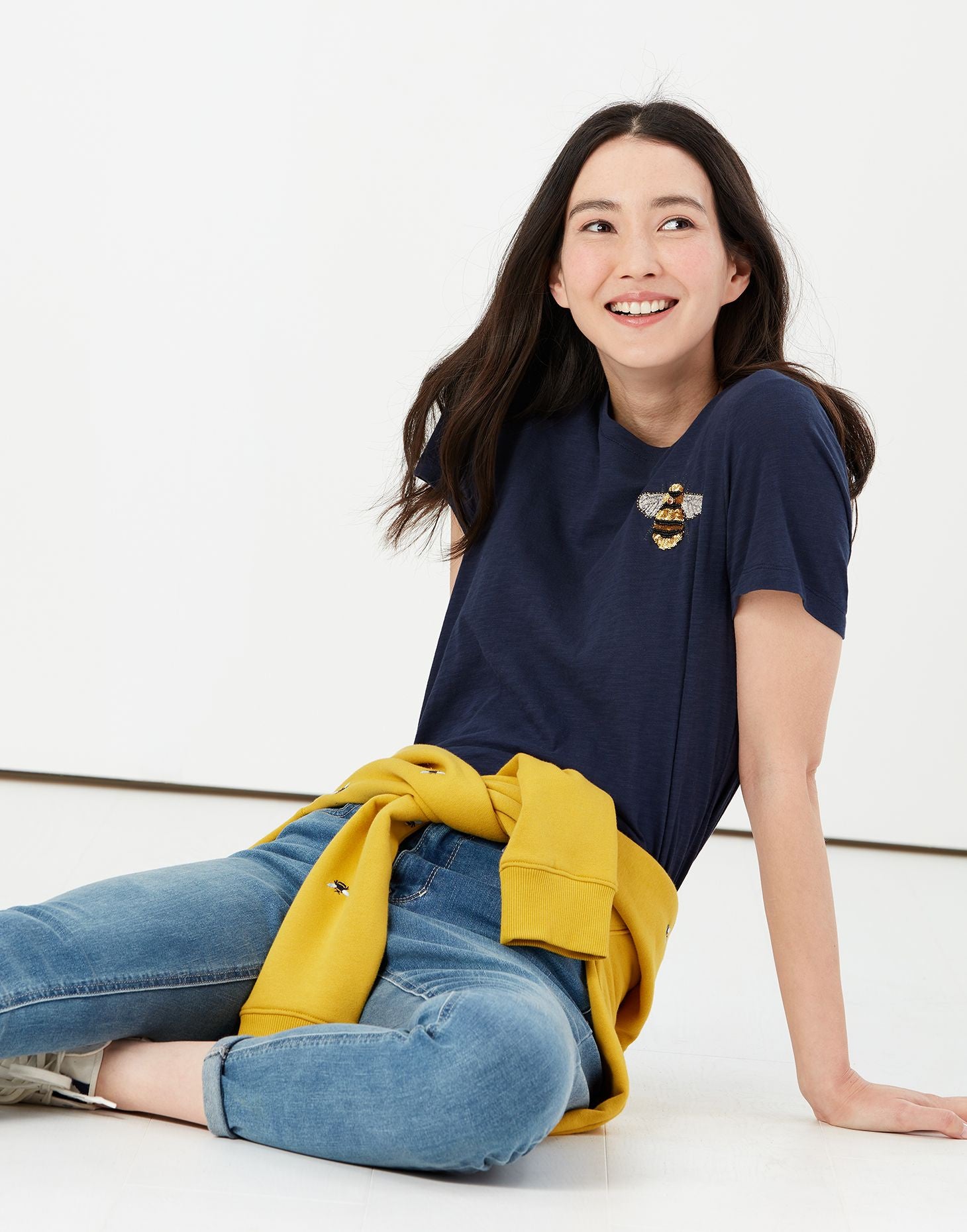 Carley Embroidered Classic Crew T-Shirt - Navy Bee
