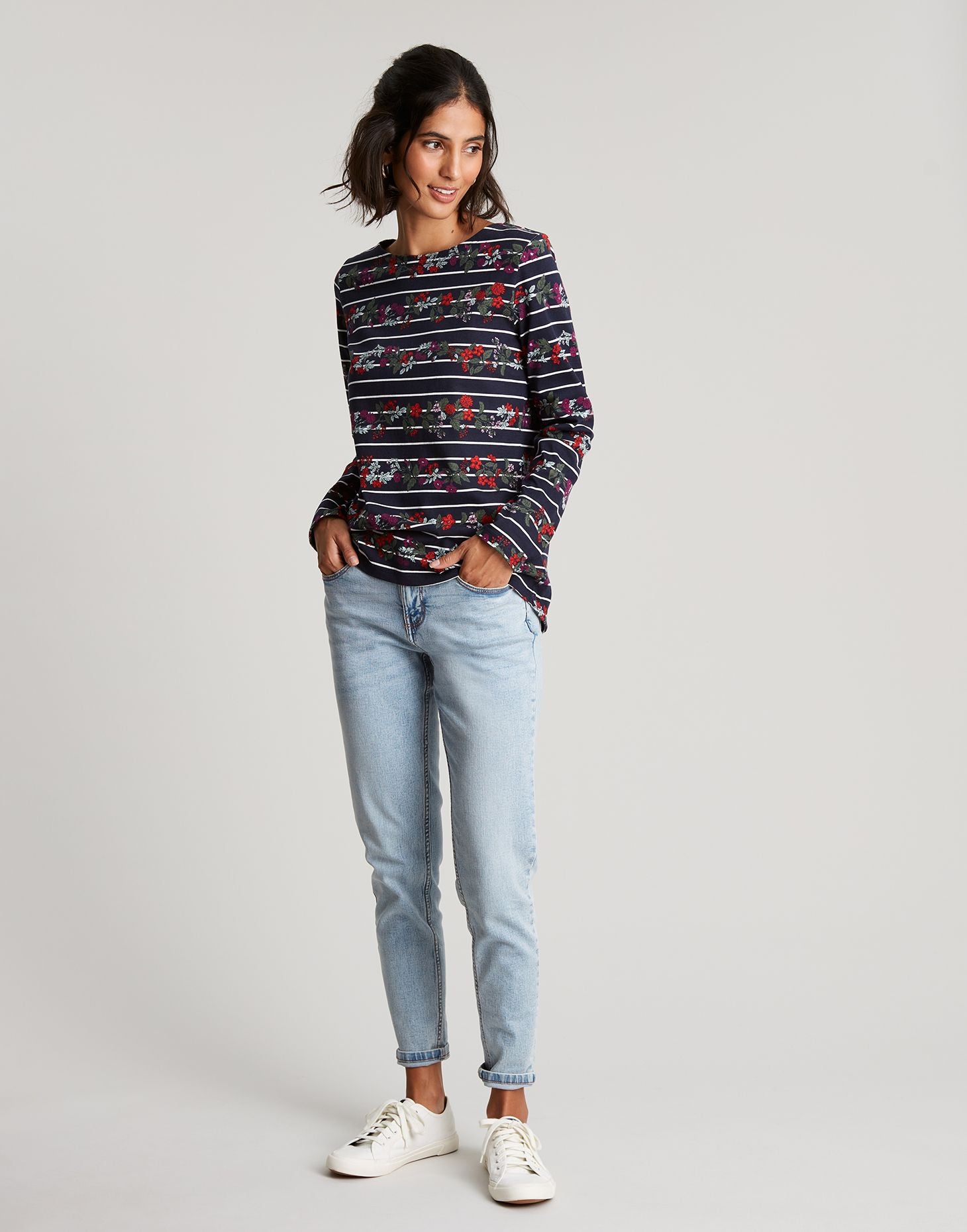 Women's Harbour Print Long Sleeve Jersey Top - Navy Floral Stripe
