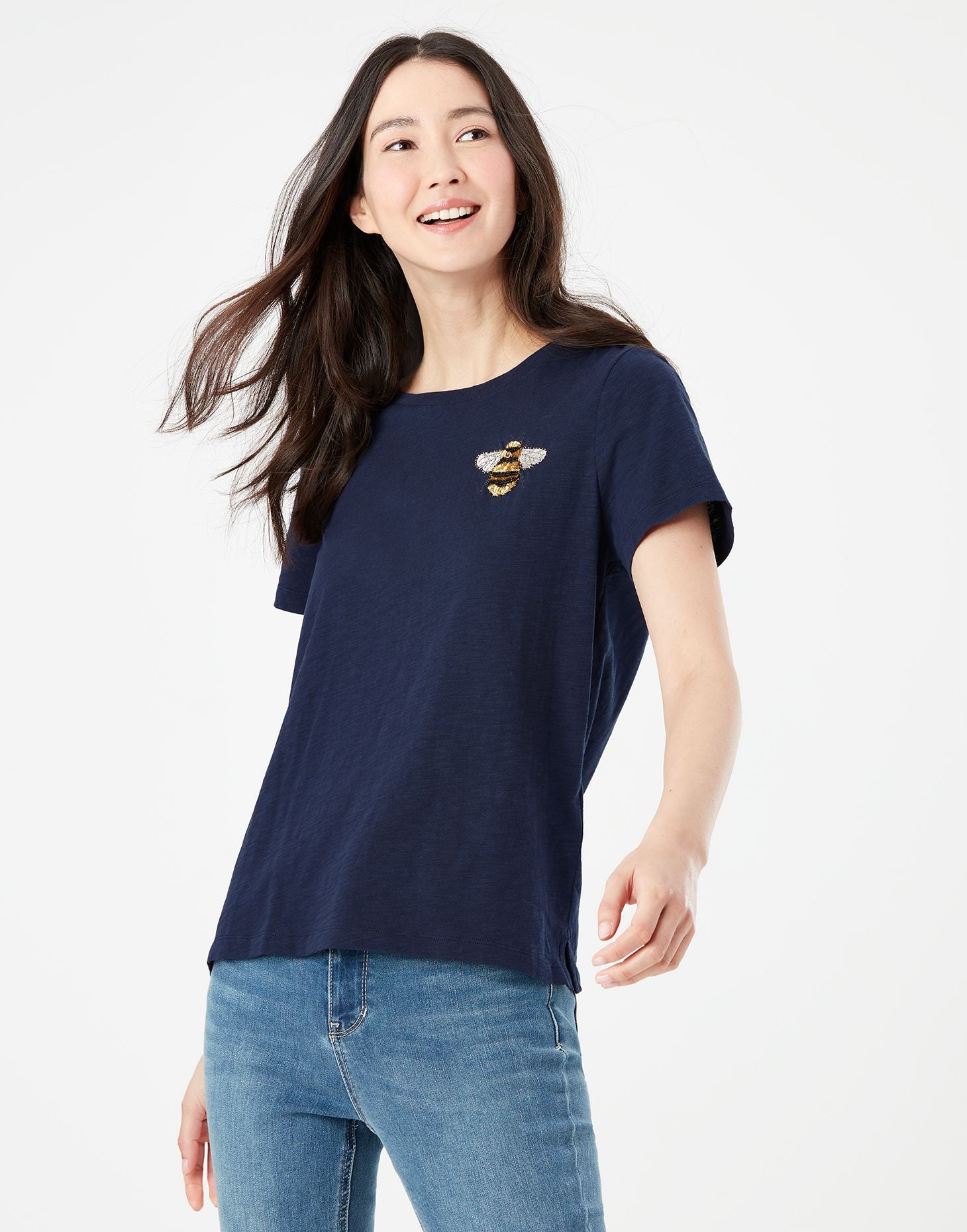 Carley Embroidered Classic Crew T-Shirt - Navy Bee