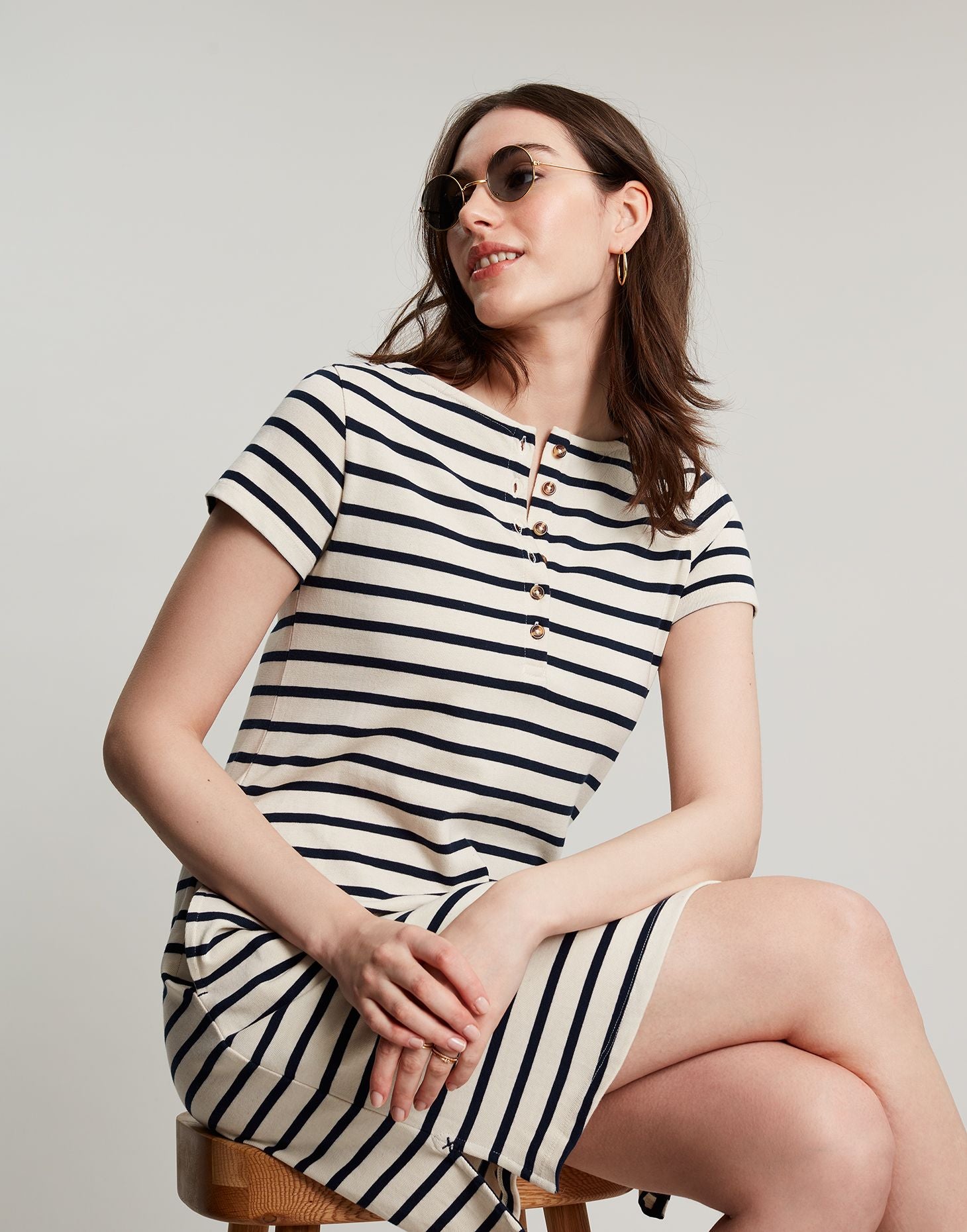 Women's Kea Henley Dress - Cream Navy Stripe
