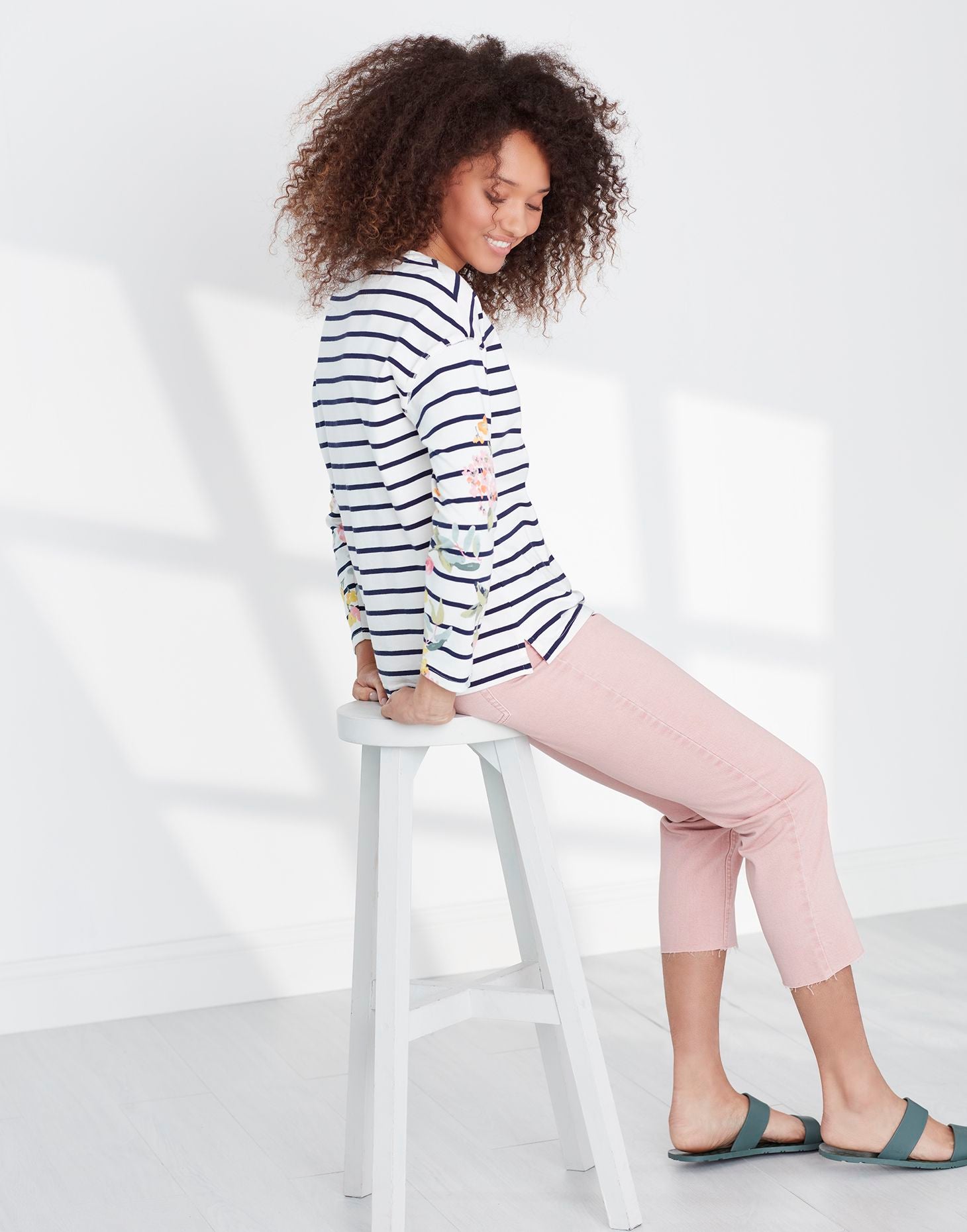 Marina Print Dropped Shoulder Jersey Top in Cream Navy Stripe Floral Sleeve