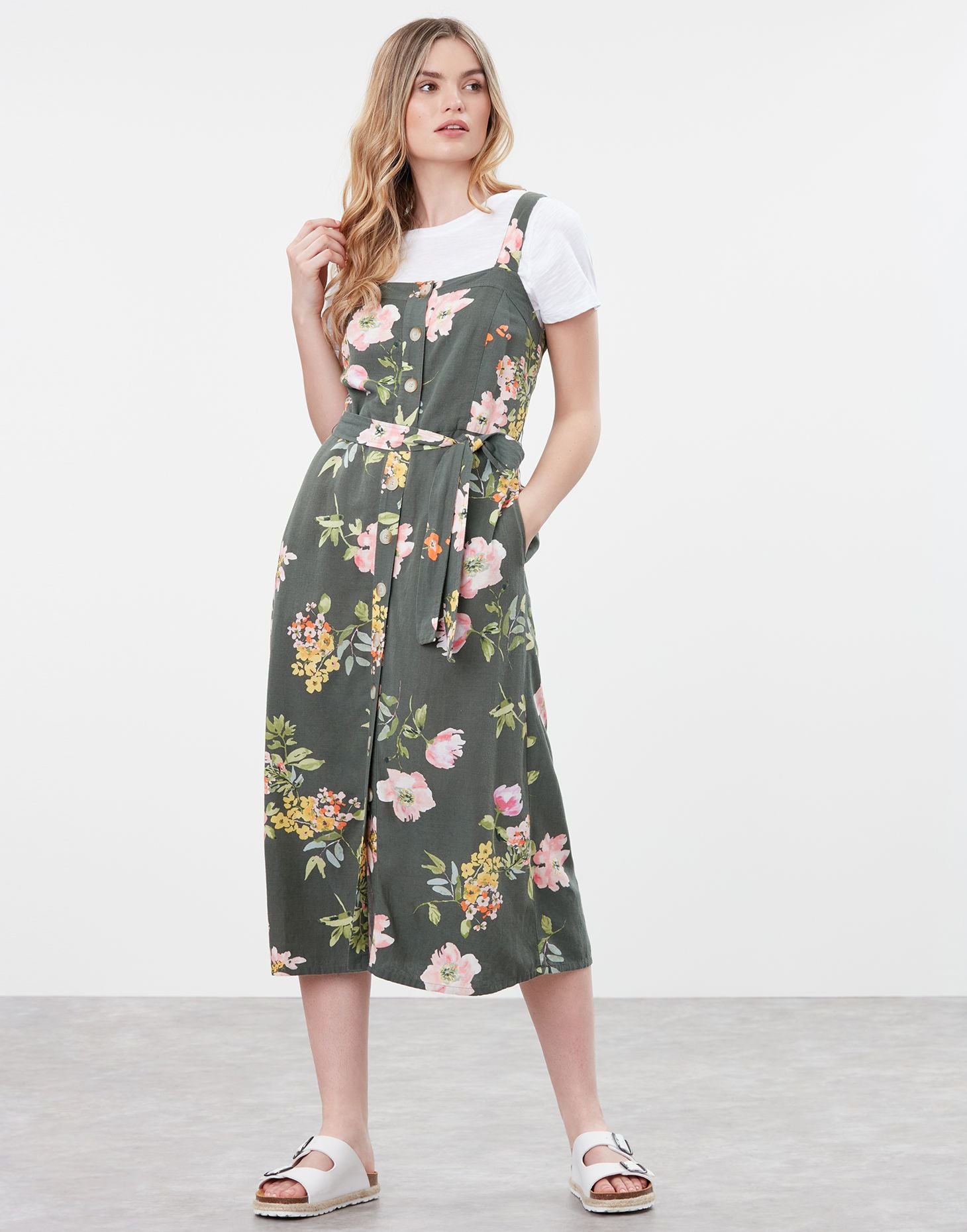 Kimia Button Through Strap Woven Dress With Waist Tie in Green Floral