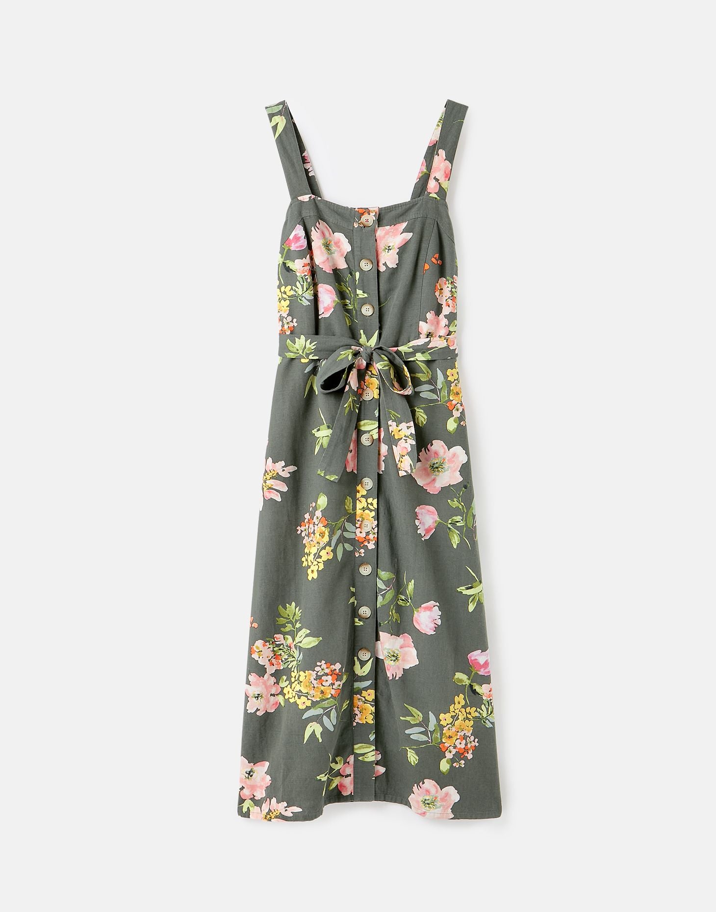 Kimia Button Through Strap Woven Dress With Waist Tie in Green Floral