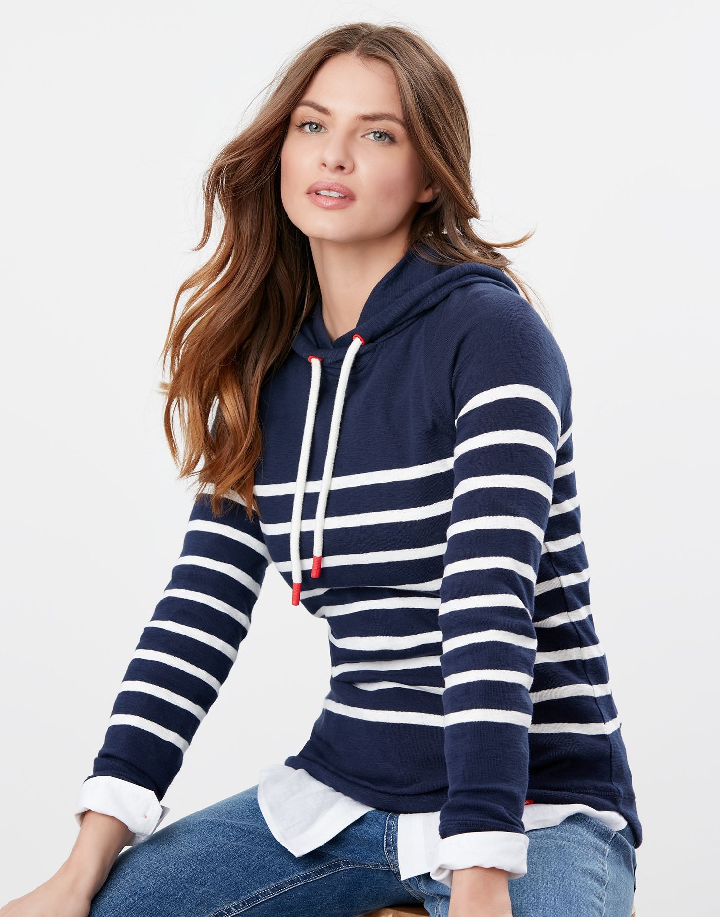Marlston Stripe Hooded Sweatshirt in French Navy Cream Stripe