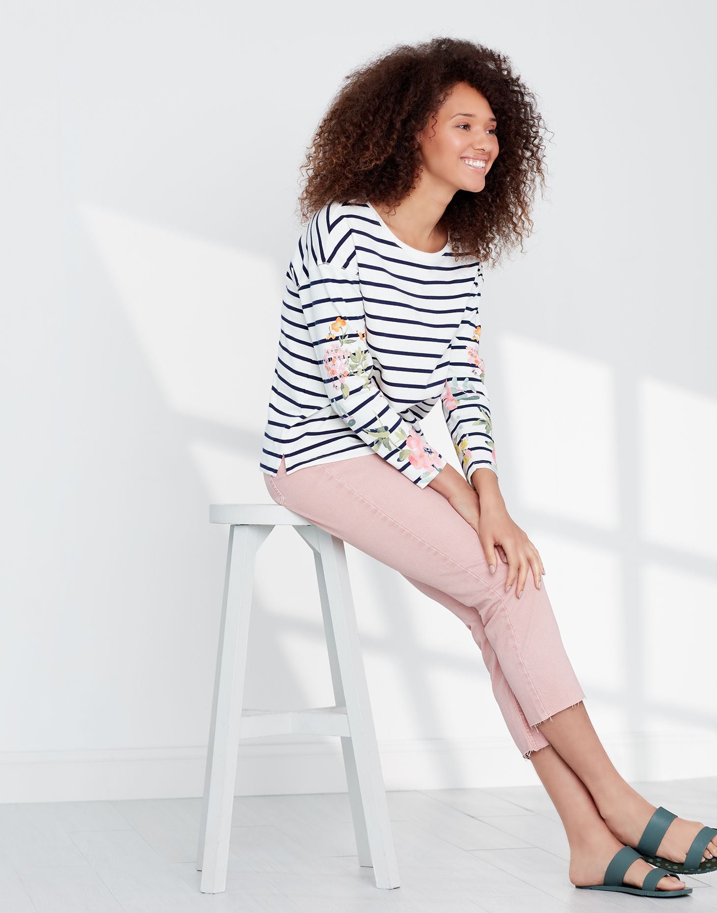 Marina Print Dropped Shoulder Jersey Top in Cream Navy Stripe Floral Sleeve