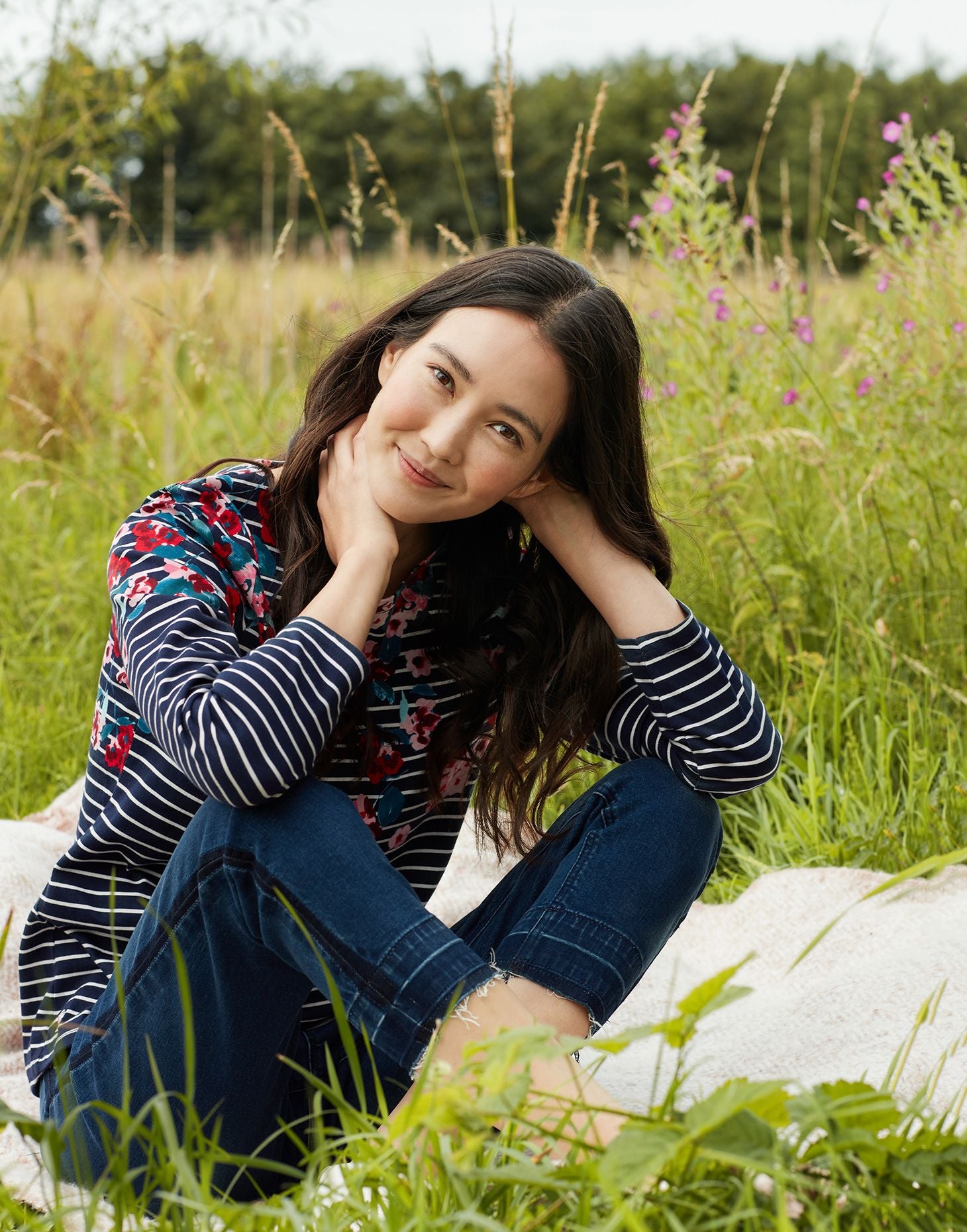 Harbour Long Sleeve Jersey Top - Navy Floral Stripe